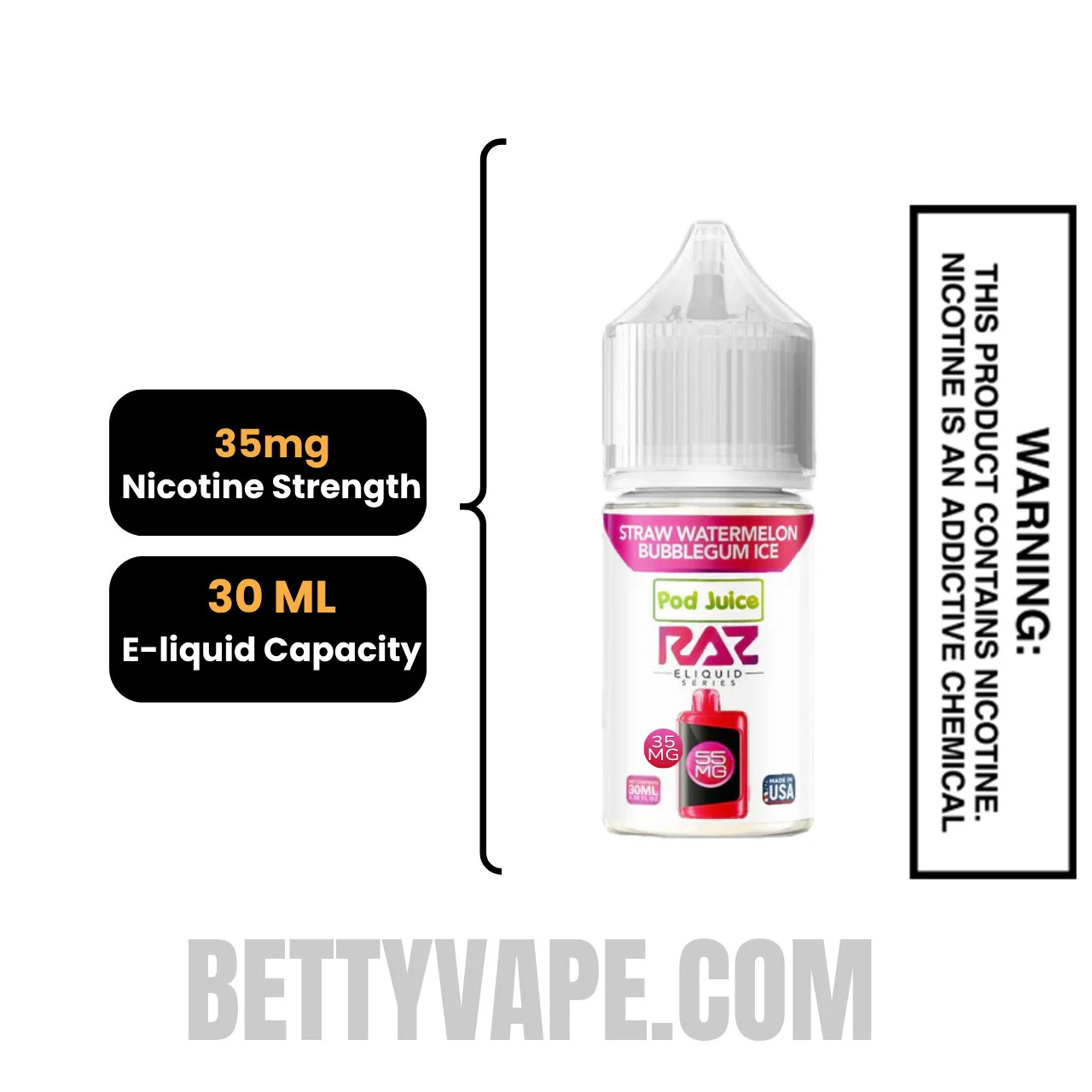 Straw Watermelon Bubblegum Ice Pod Juice X RAZ Salt Nic juice 30 ML Specifications
