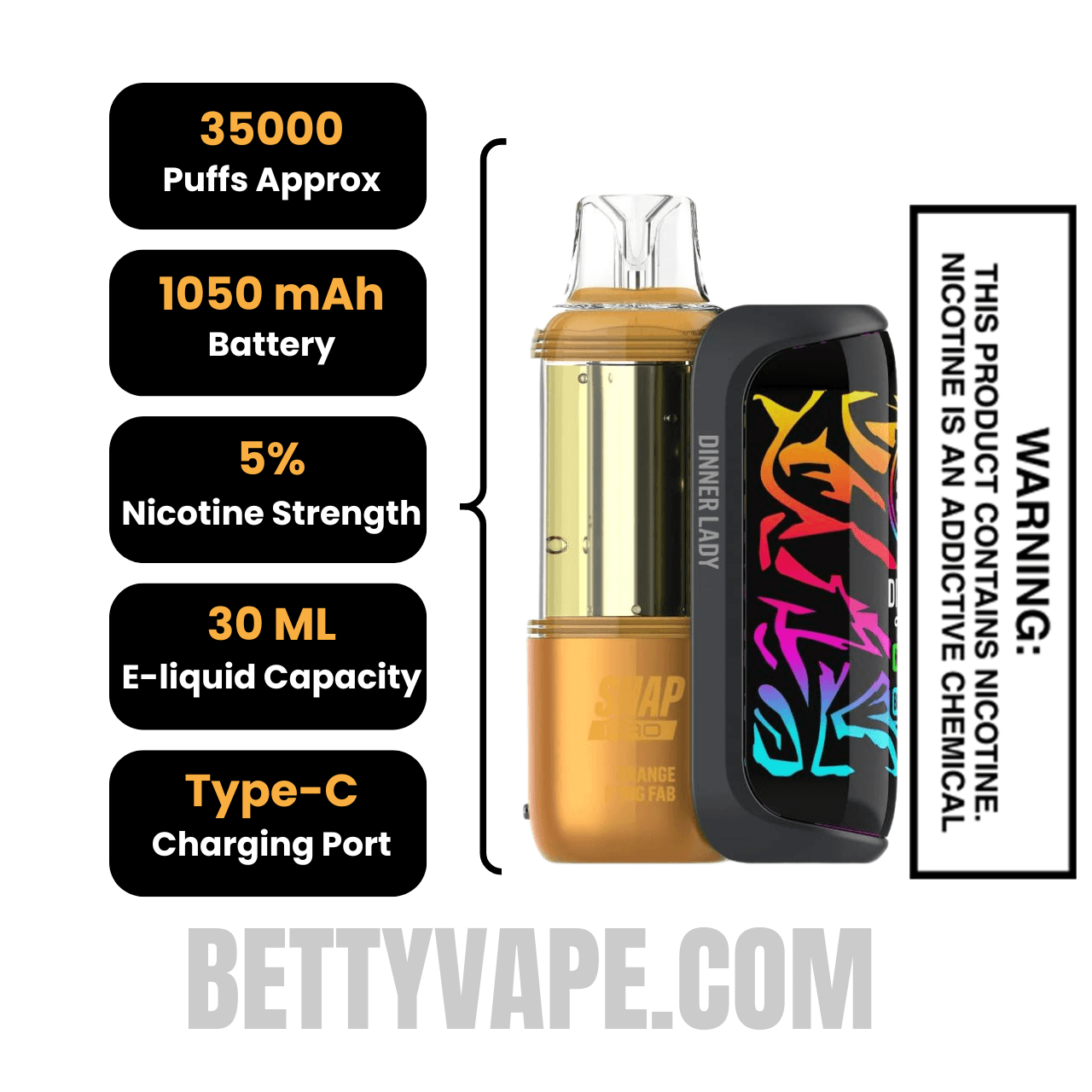 Orange F*king Fab Dinner Lady Snap Pro 35K Disposable Vape Kit Specifications