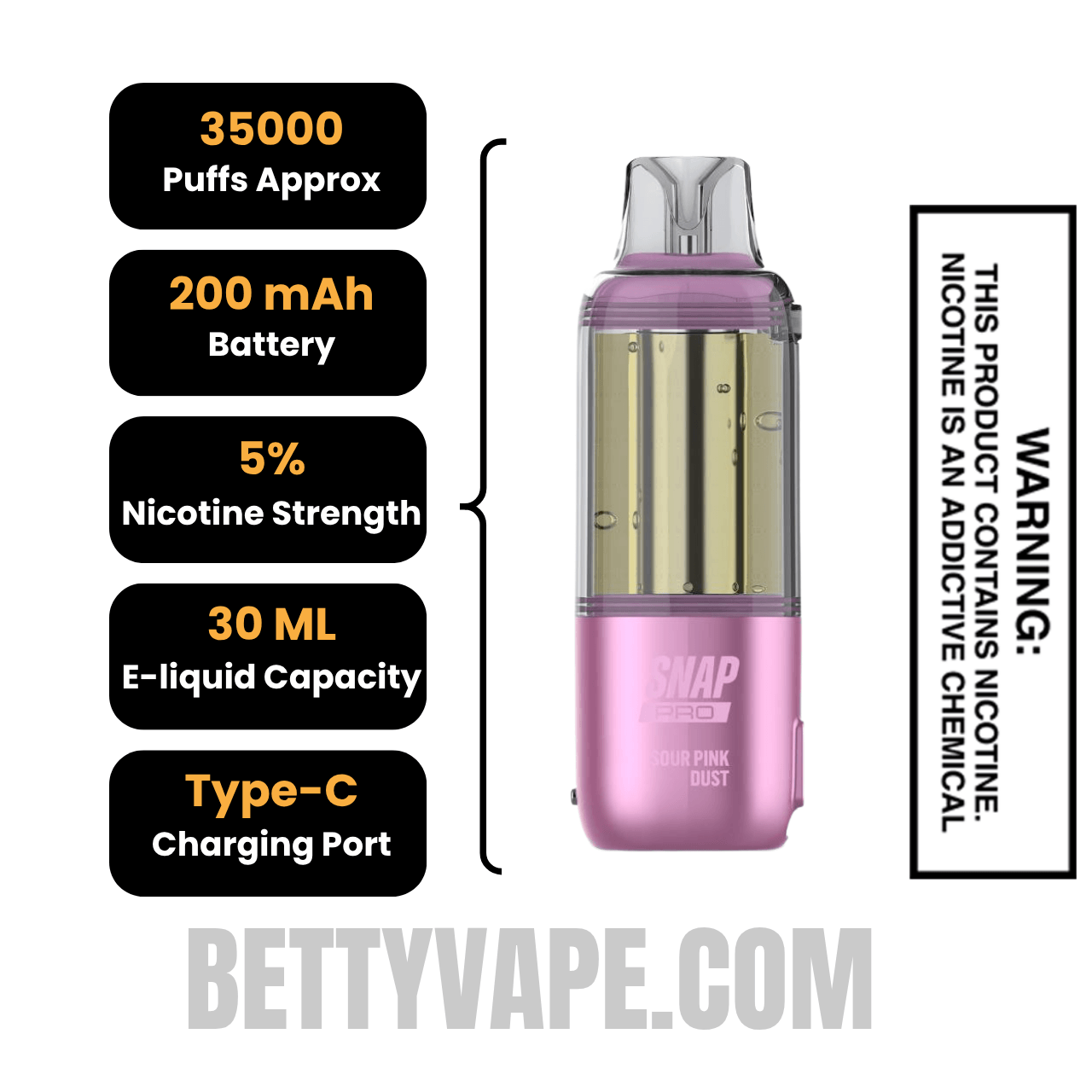 Sour Pink Dust Dinner Lady Snap Pro 35K Disposable Vape Pod Specifications