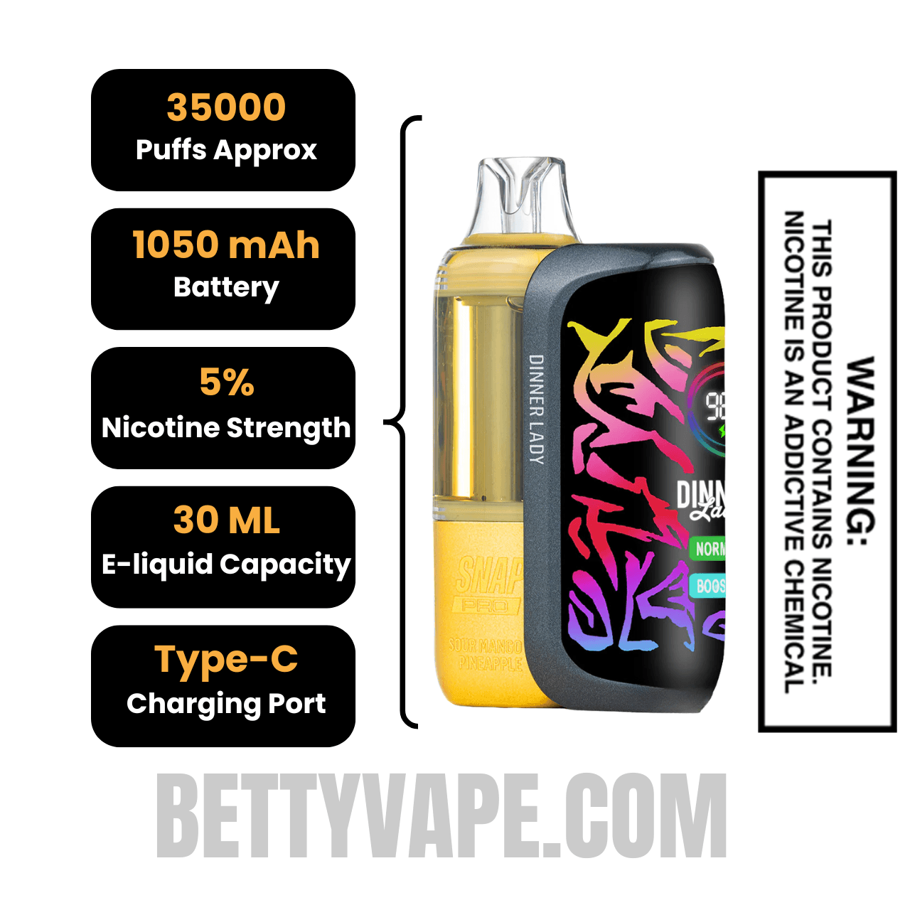 Sour Mango Pineapple Dinner Lady Snap Pro 35K Disposable Vape Kit Specifications