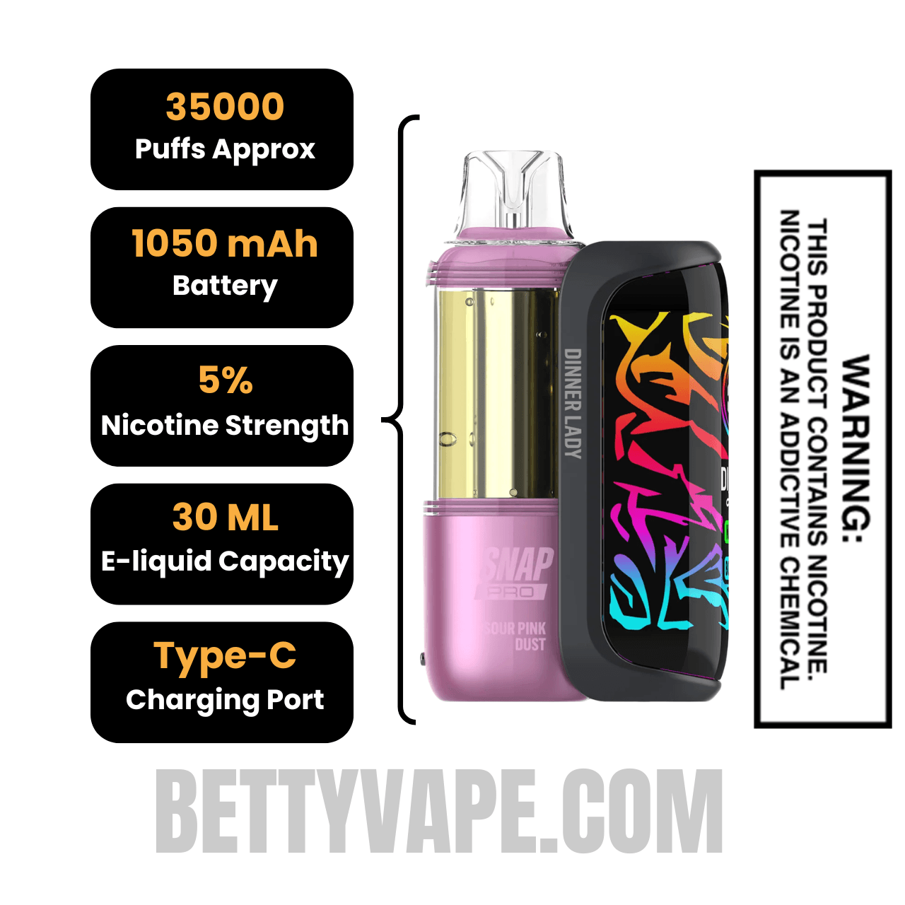 Sour Pink Dust Dinner Lady Snap Pro 35K Disposable Vape Kit Specifications