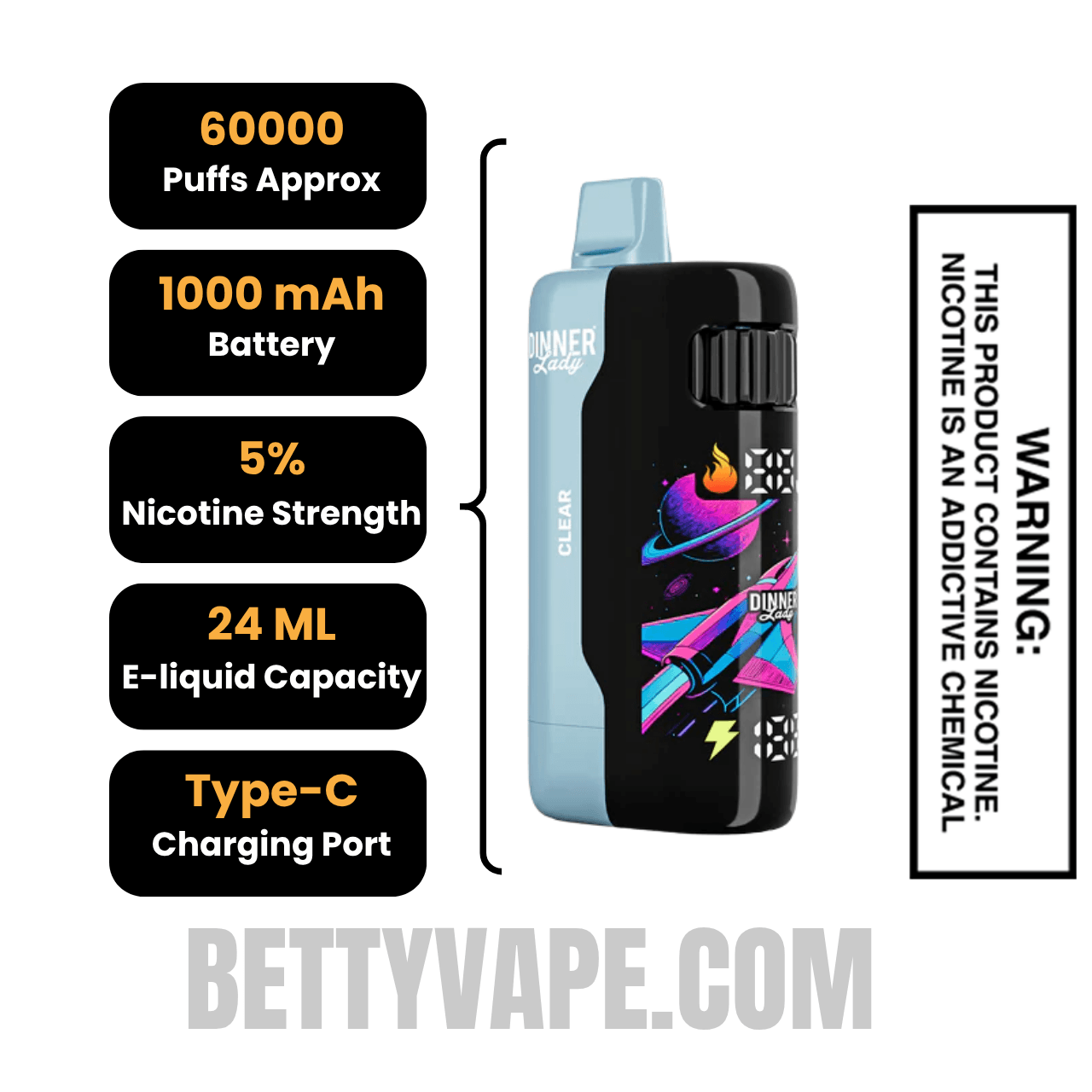 Clear Dinner Lady Galax 60K Disposable Vape Specifications
