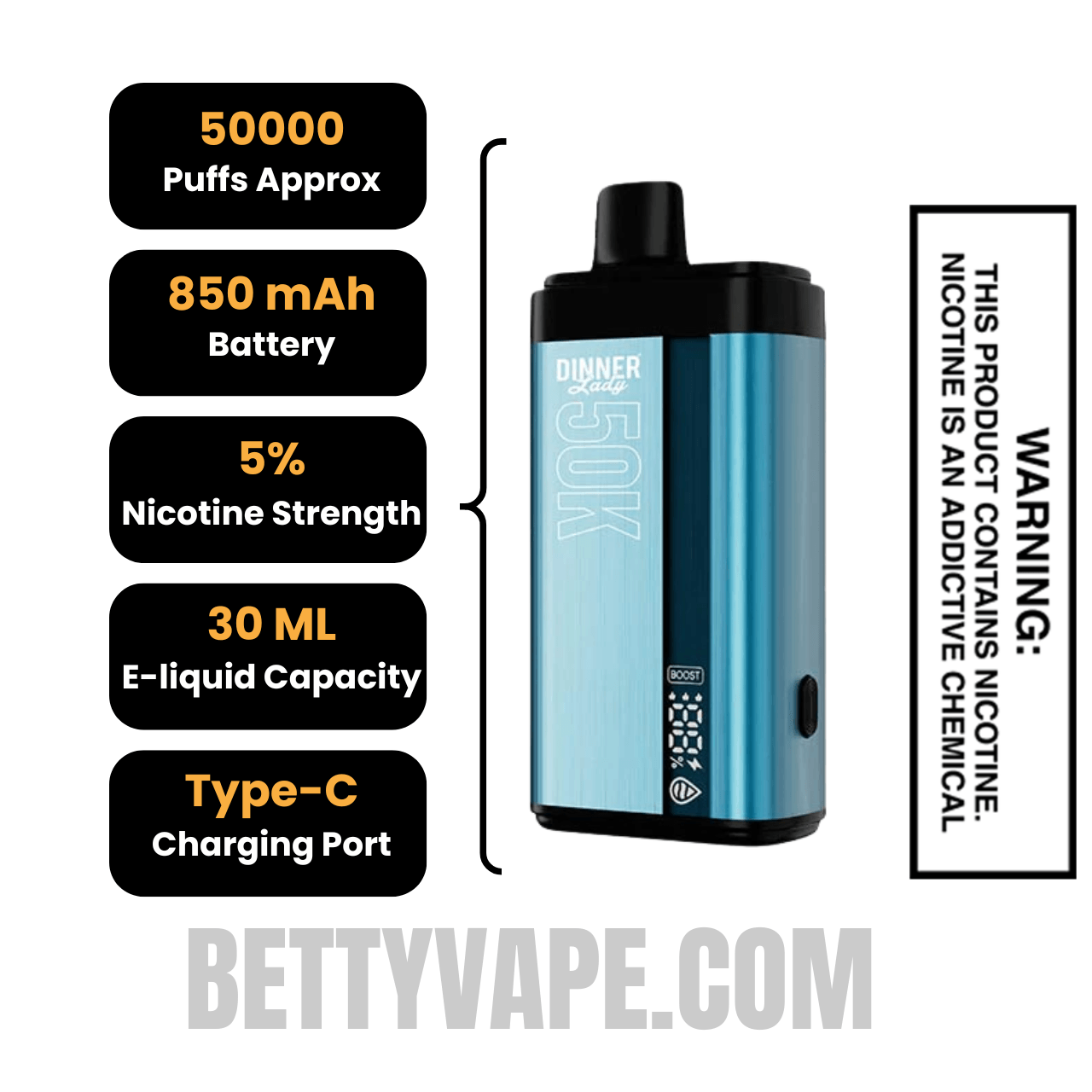 Mexico Mango x Pineapple Passion Guava Dinner Lady 50K Disposable Vape Specifications