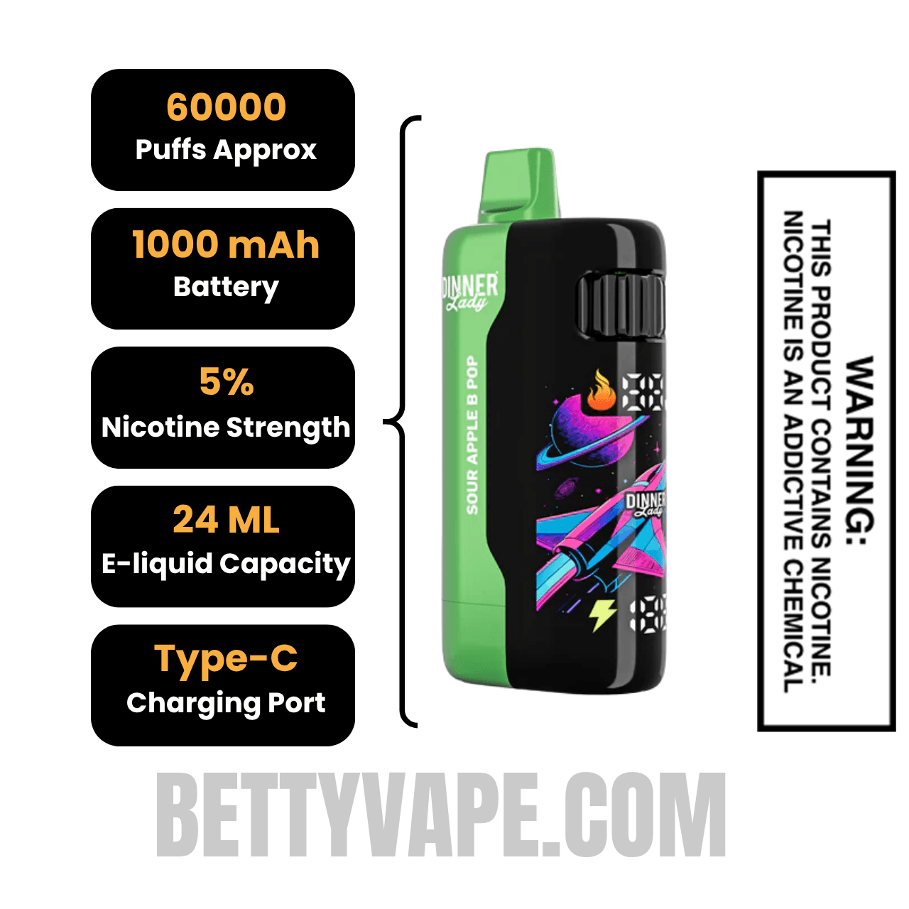 Sour Apple B Pop Dinner Lady Galax 60K Disposable Vape Specifications