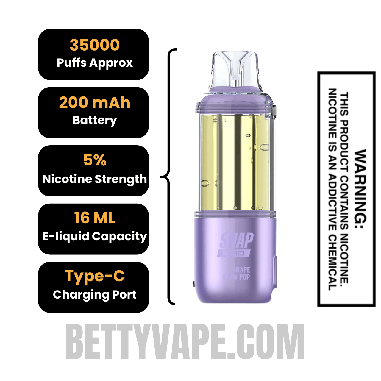 Grape Blow Pop Dinner Lady Snap Pro 35K Disposable Vape Pod Specifications