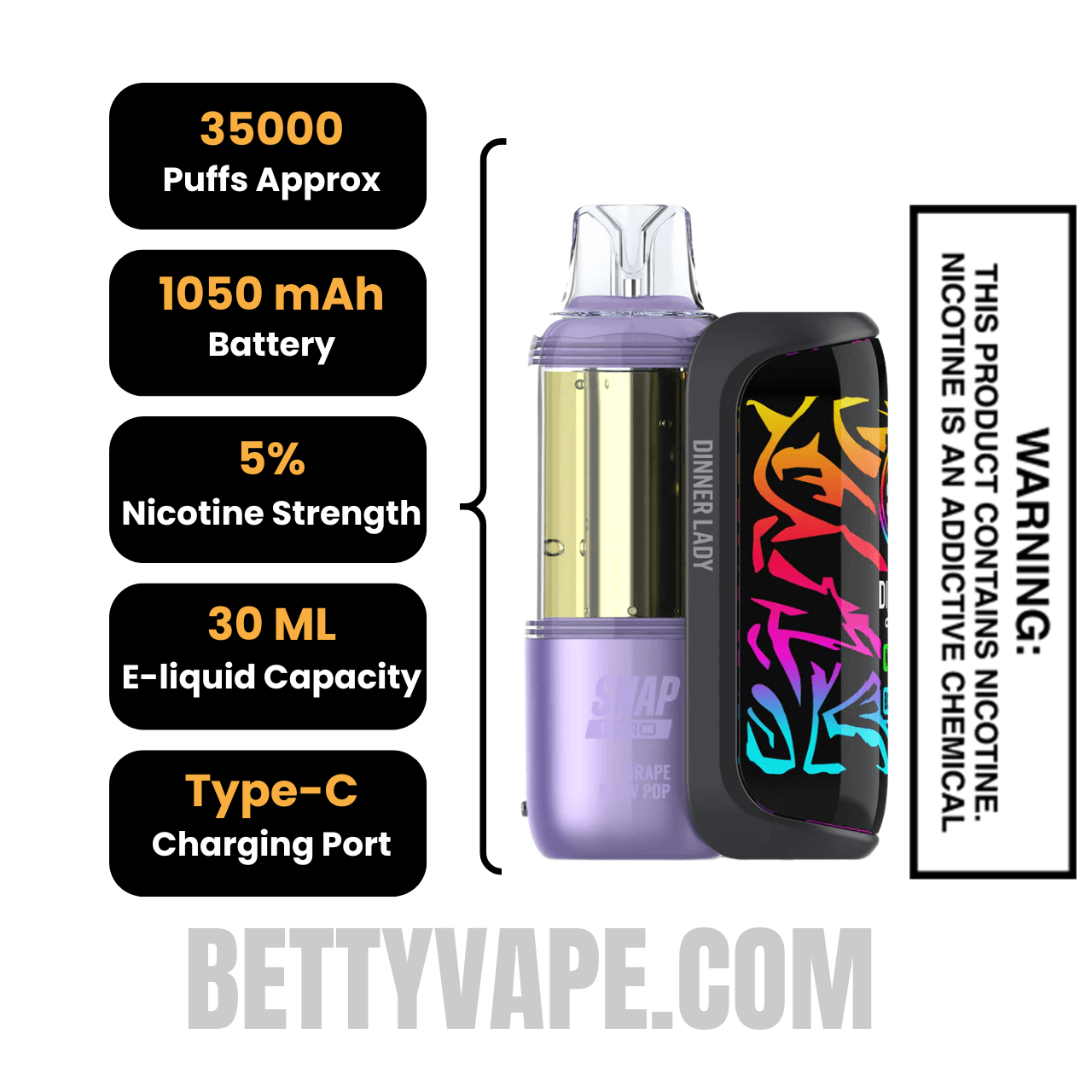 Grape Blow Pop Dinner Lady Snap Pro 35K Disposable Vape Kit Specifications