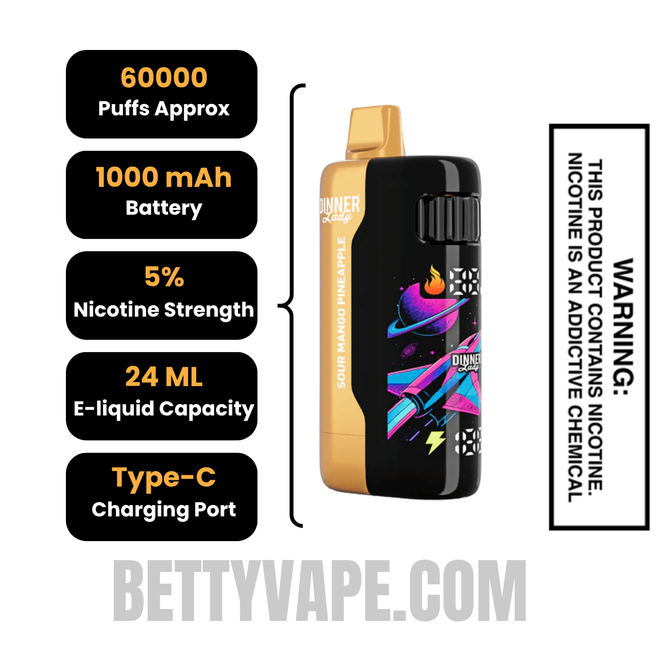 Sour Mango Pineapple Dinner Lady Galax 60K Disposable Vape Specifications