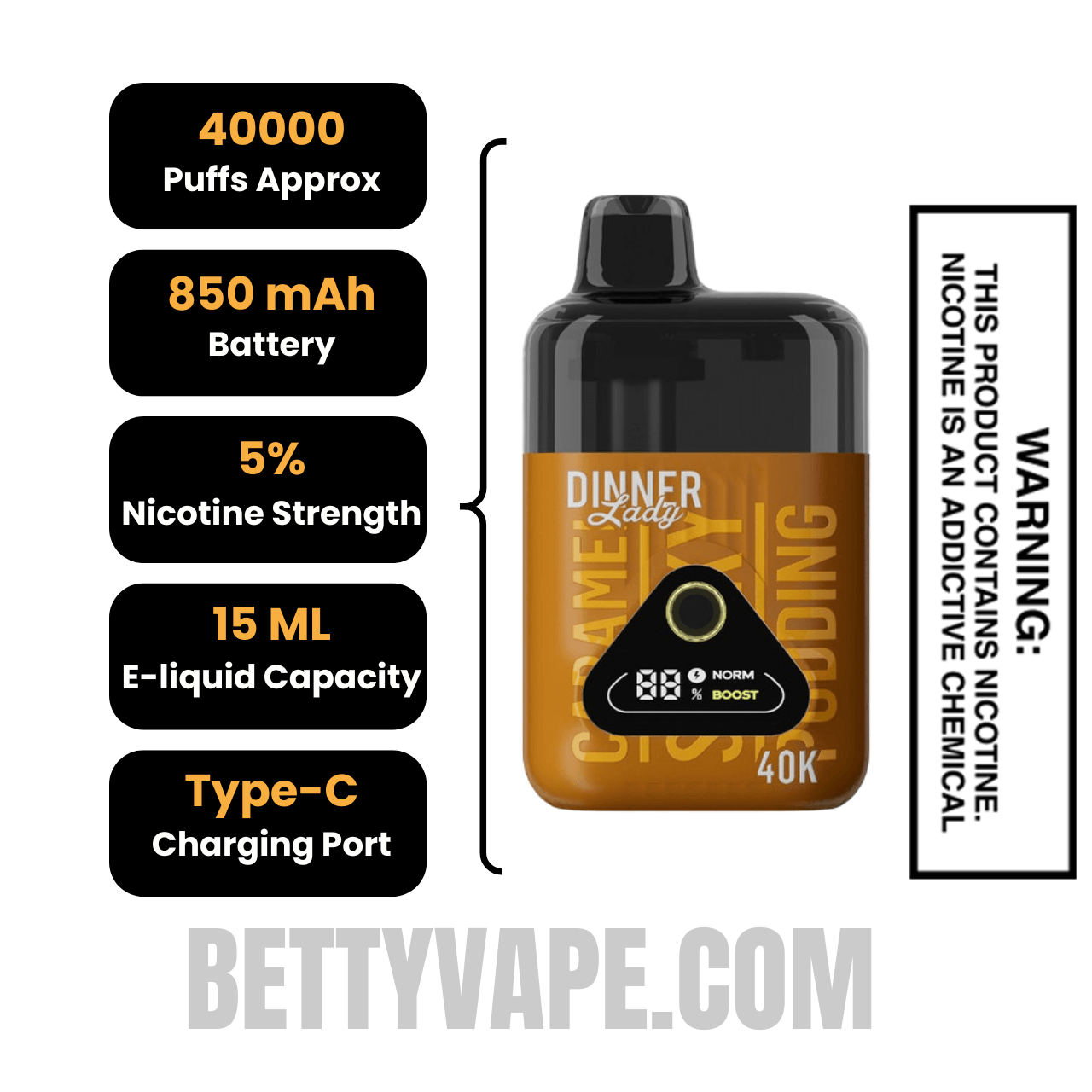 Caramel Sticky Pudding Dinner Lady 40K Disposable Vape Specifications