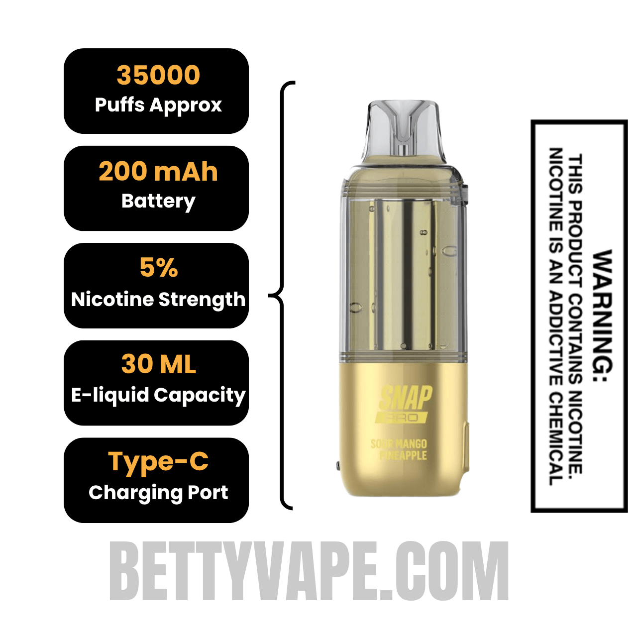 Sour Mango Pineapple Dinner Lady Snap Pro 35K Disposable Vape Pod Specifications