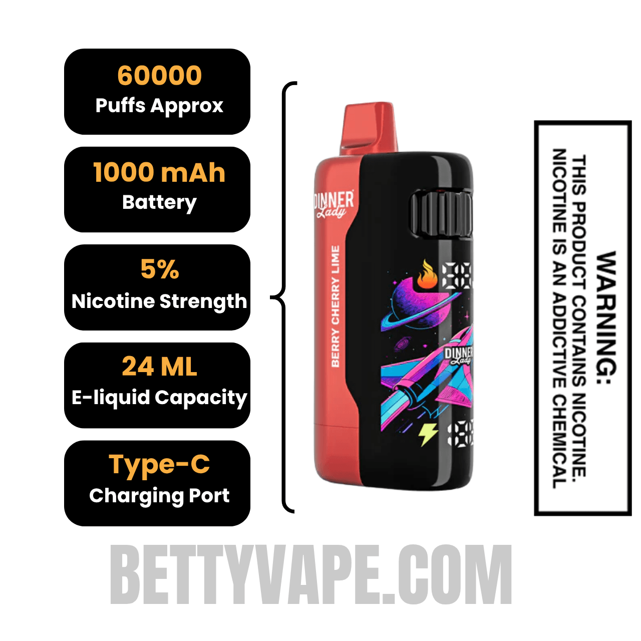 Berry Cherry Lime Dinner Lady Galax 60K Disposable Vape Specifications