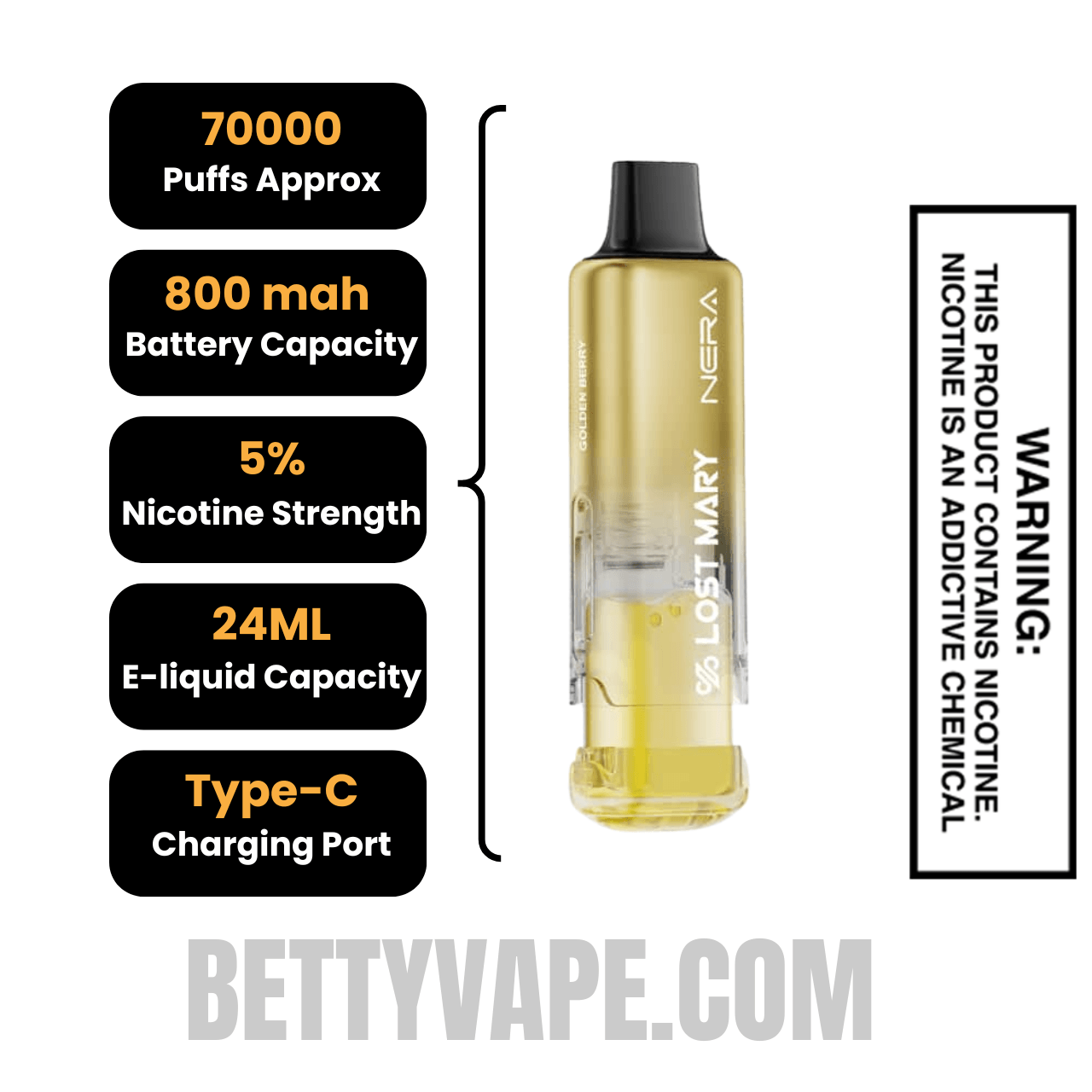 Golden Berry Lost Mary Nera Fullview 70K Disposable Vape Pod Specifications