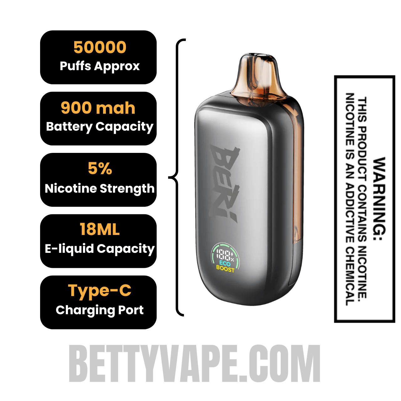 Peach Ice Beri Cliq 50K Disposable Vape Kit Specifications