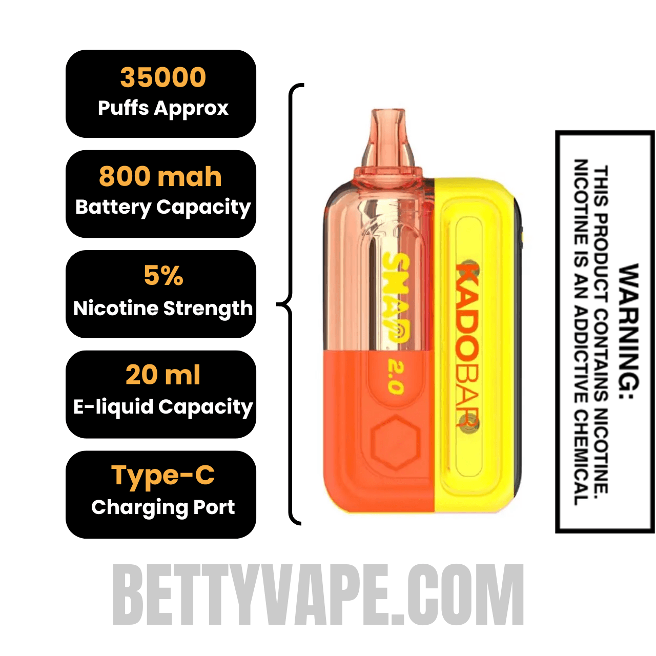 Mexican Mango Kado Bar Snap 2.0 35K Disposable Vape Kit Specifications