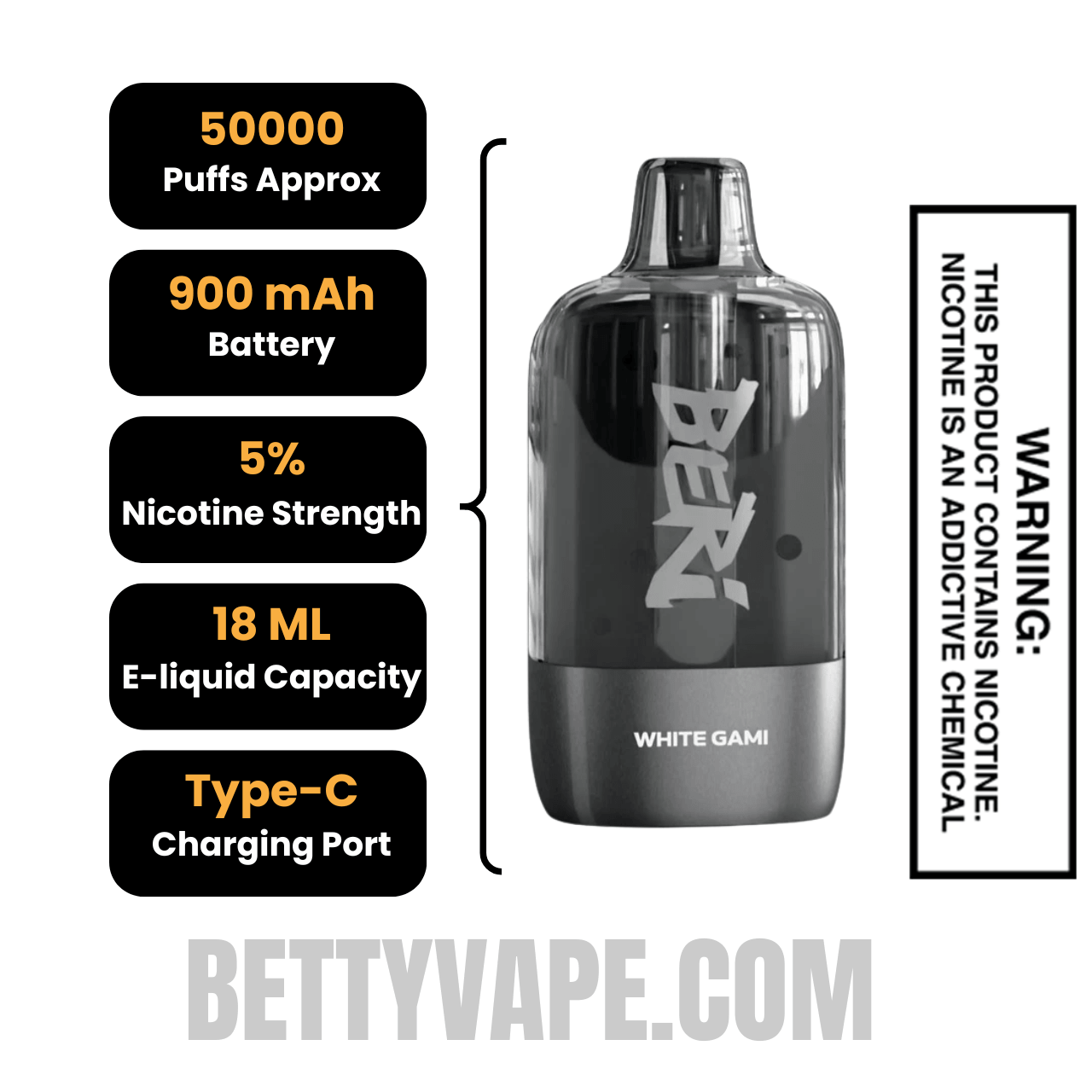 White Gami Beri Cliq 50K Disposable Vape Pod Specification