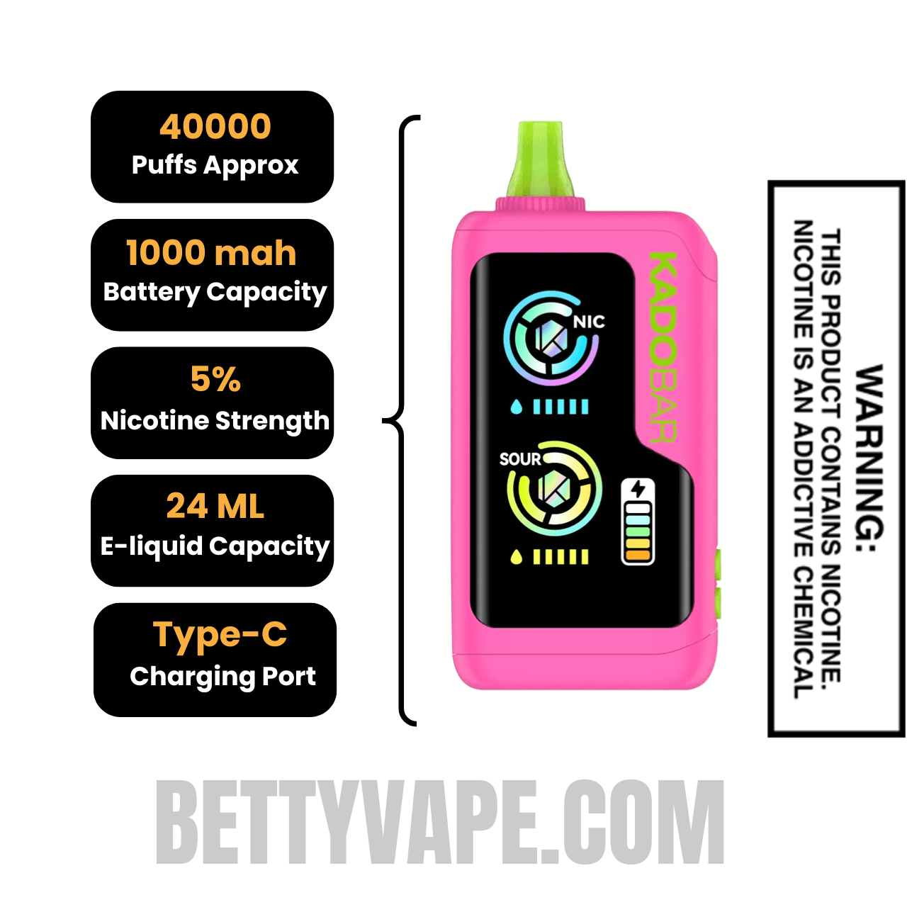 Sour Strawberry Raspberry Kado Bar NI40000 Sour-Nic Control Disposable Vape Specifications