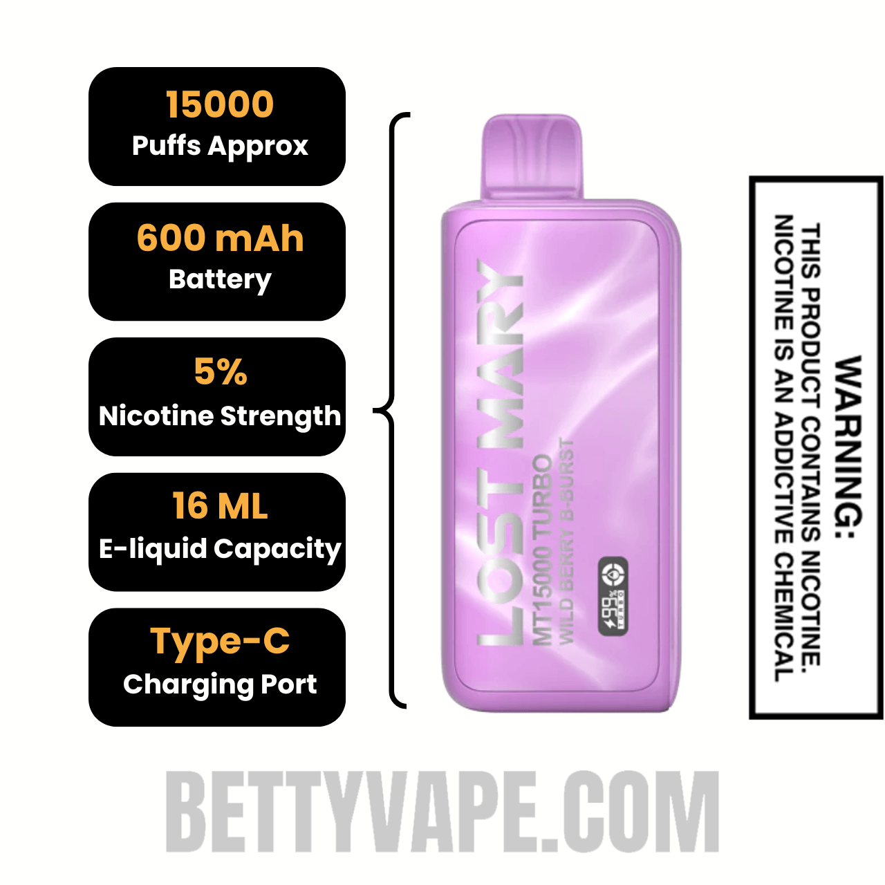 Wild Berry B-Burst Lost Mary MT15000 Turbo Disposable Vape Specifications