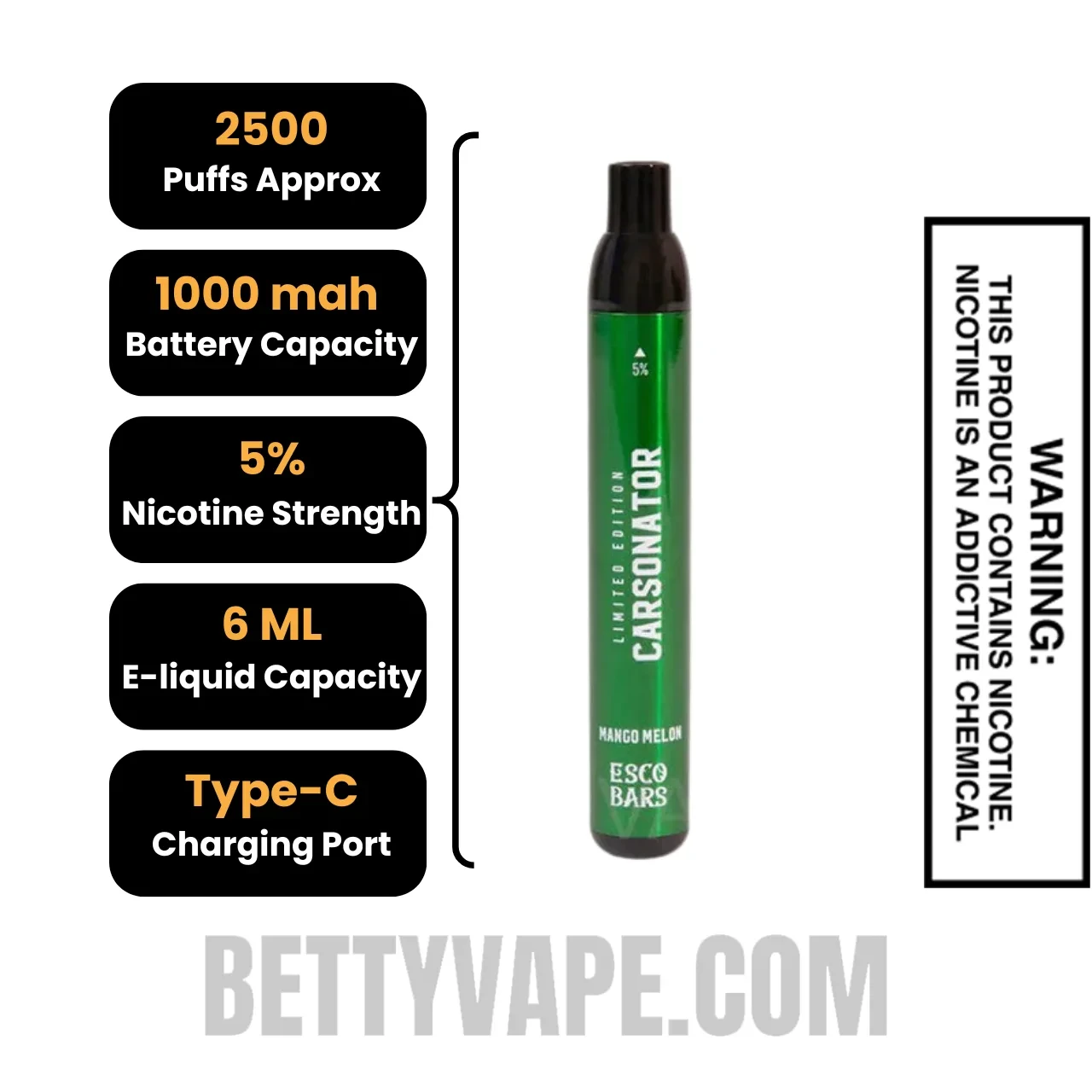 Mango Melon Esco Bar 2500 Puffs Disposable Vape Specifications