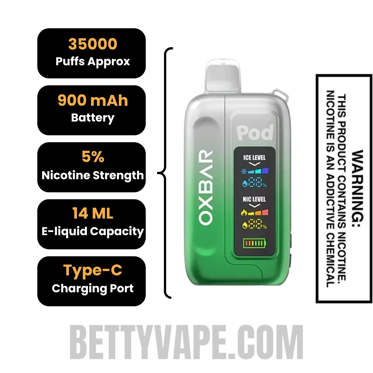 Clear Emerald OXBAR Ice-Nic Control 35K Disposable Vape Specifications