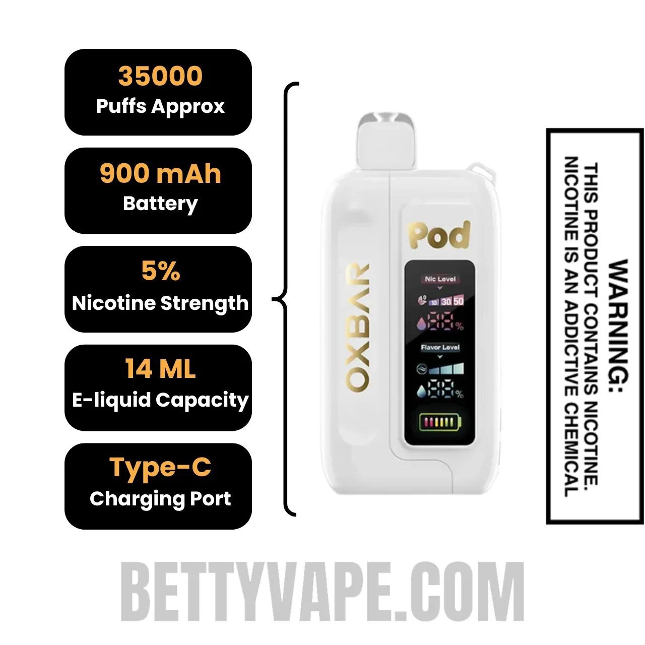 Peach Ringz OXBAR X Pod Juice Nic-Switch 35K Disposable Vape Specifications
