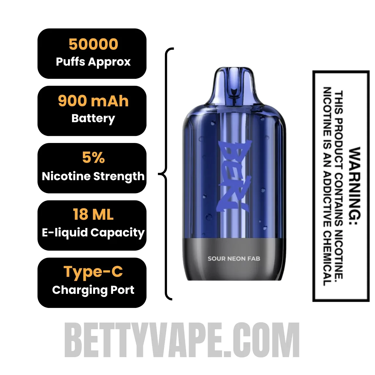Sour Neon Fab Beri Cliq 50K Disposable Vape Pod Specifications