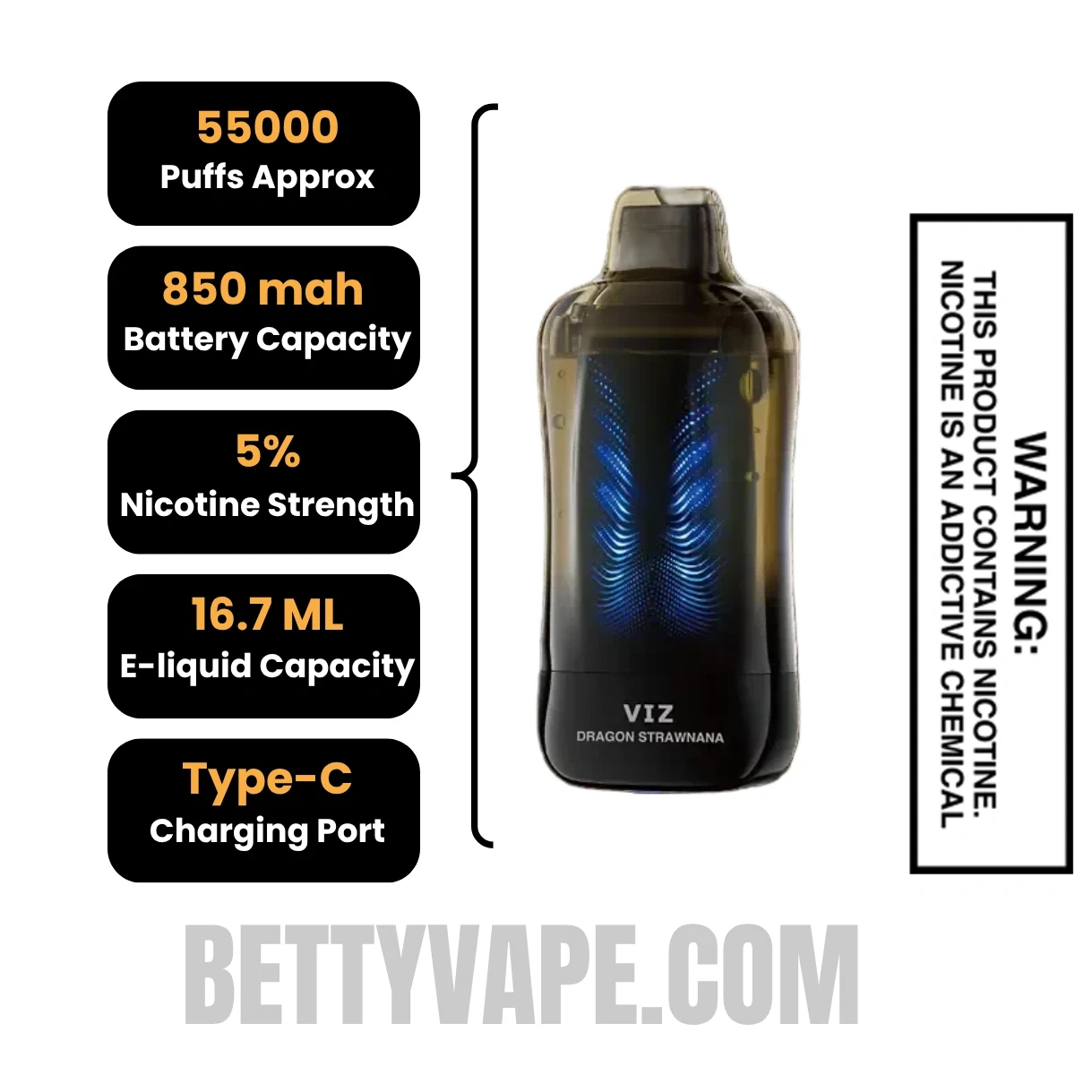 Dragon Strawnana Lost Mary VIZ 55K Disposable Vape Specifications