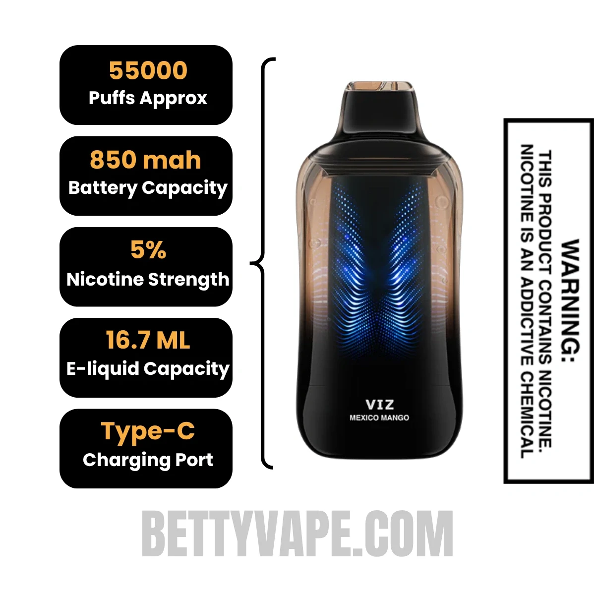 Mexico Mango Lost Mary VIZ 55K Disposable Vape Specifications