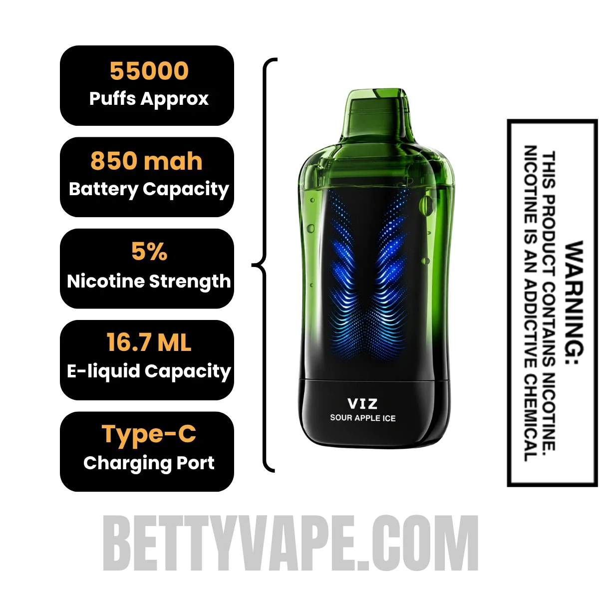 Sour Apple Ice Lost Mary VIZ 55K Disposable Vape Specifications