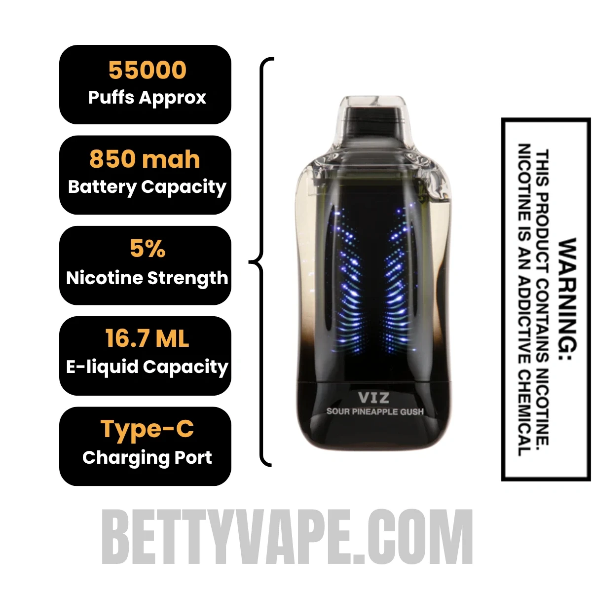 Sour Pineapple Gush Lost Mary VIZ 55K Disposable Vape Specifications