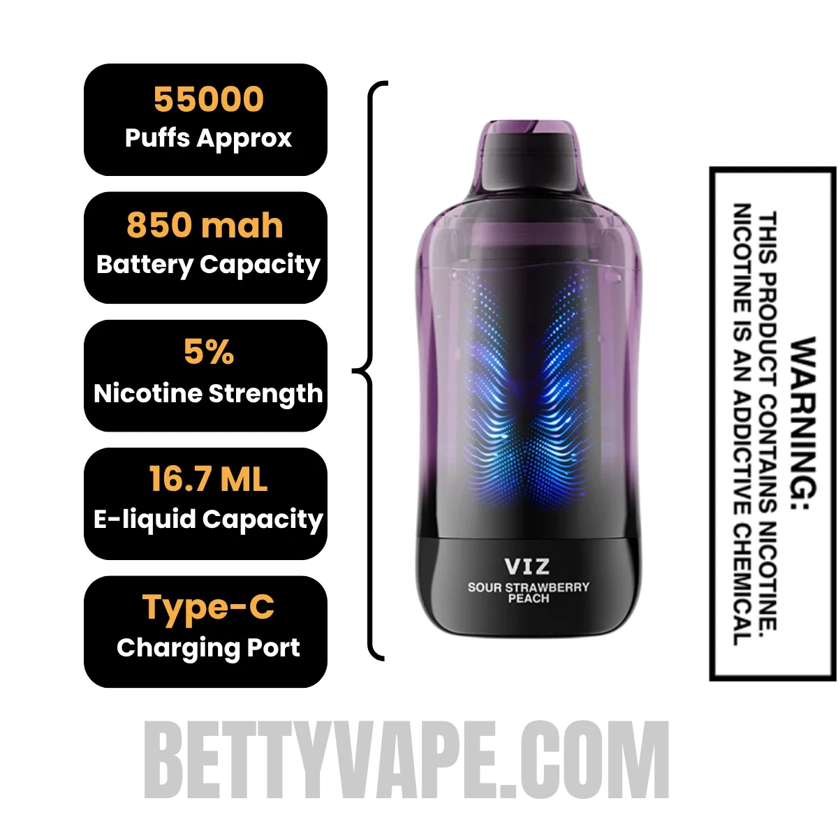 Sour Strawberry Peach Lost Mary VIZ 55K Disposable Vape Specifications