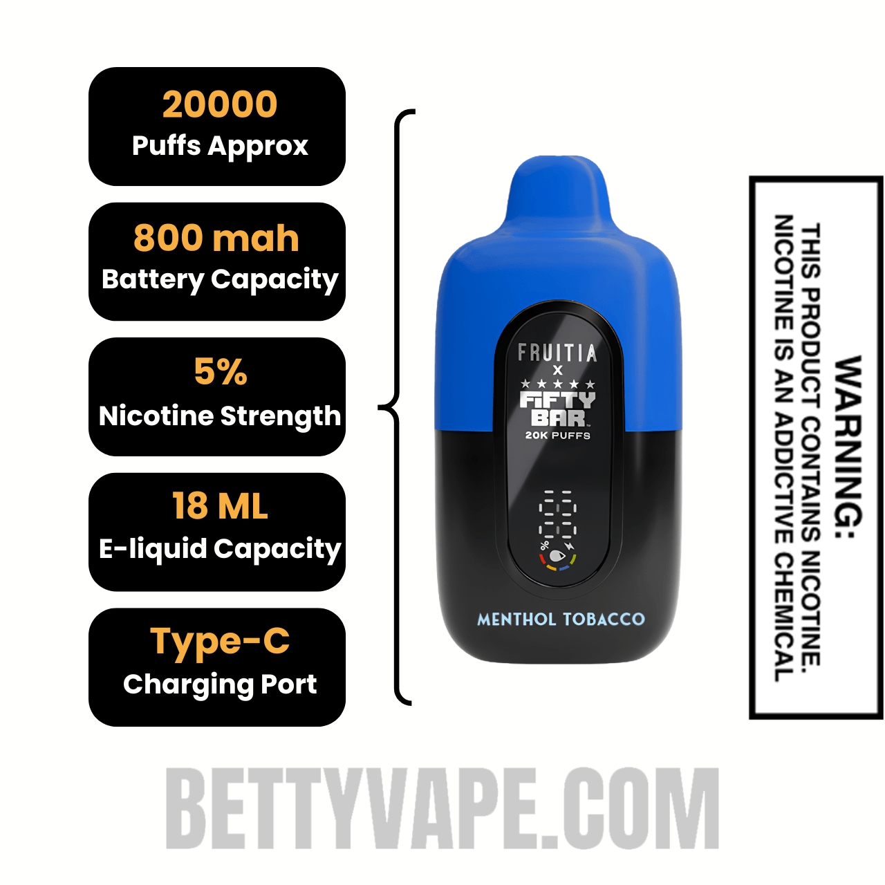 Menthol Tobacco Fruitia X Fifty Bar 20K Disposable Vape Specifications
