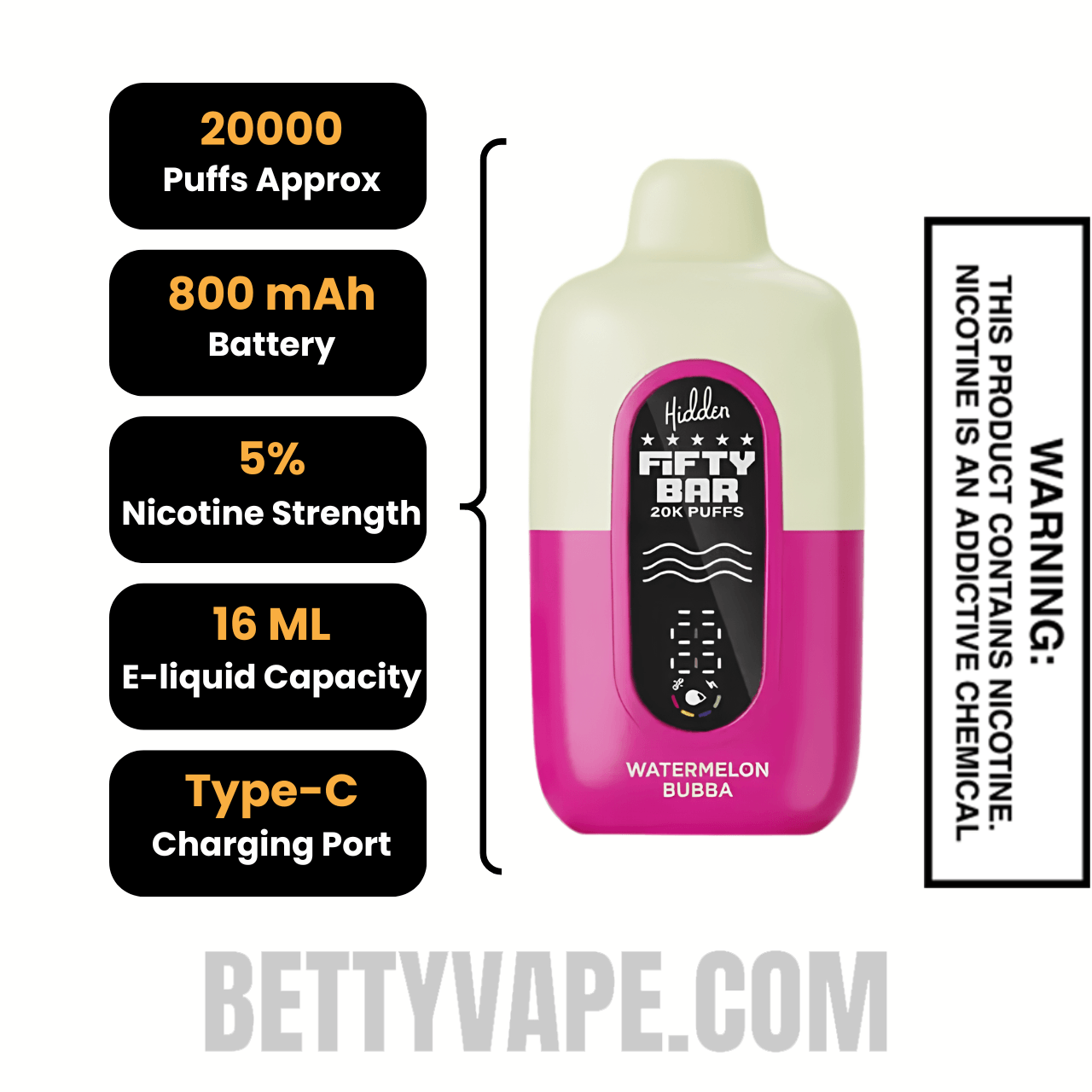 Watermelon Bubba Hidden Hills X Fifty Bar 20k Disposable Vape Specifications