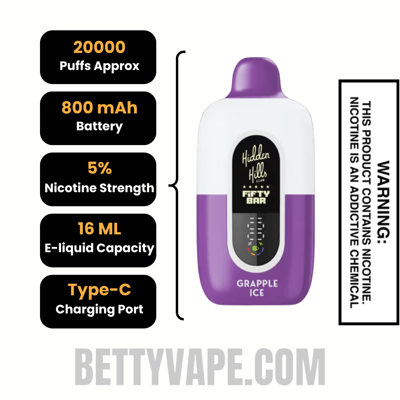 Grapple Ice Hidden Hills X Fifty Bar 20k Disposable Vape Specifications