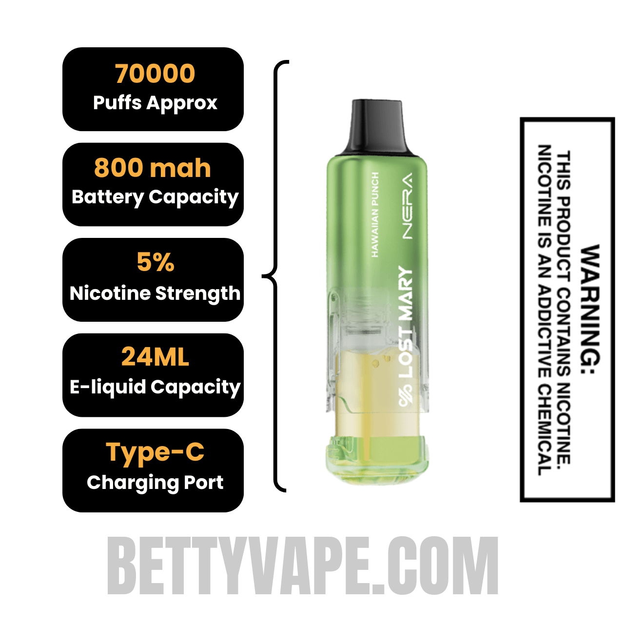 Hawaiian Punch Lost Mary Nera Fullview 70K Disposable Vape Pod Specifications
