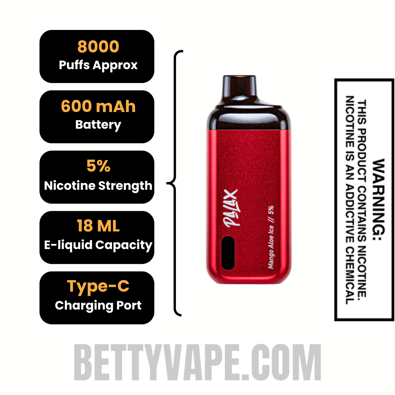 Mango Aloe Ice Palax KC8000 Disposable Vape Specifications