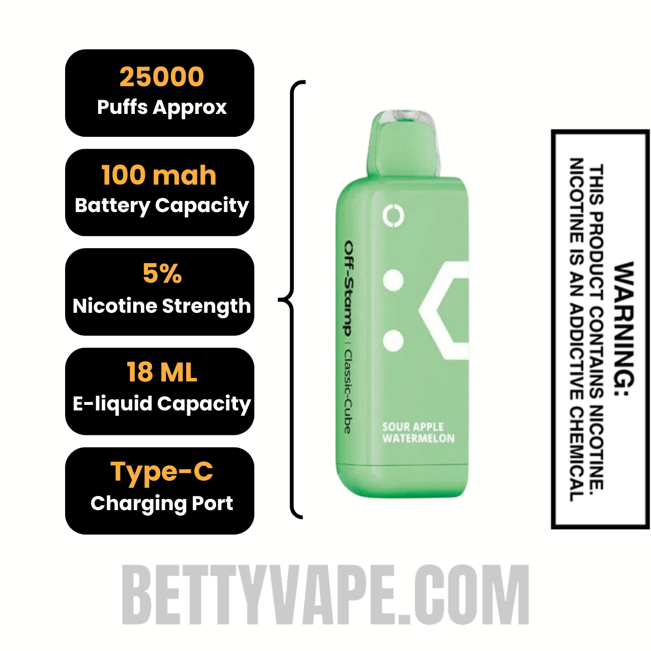 Sour Apple Watermelon Off Stamp Classic Cube 25K Disposable Pod Specifications
