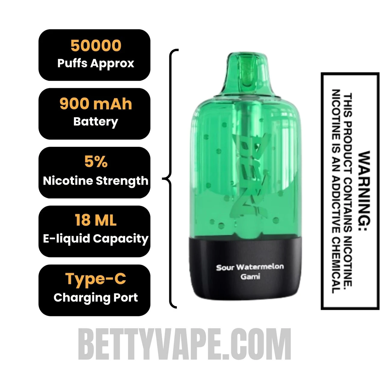 Sour Watermelon Gami Beri Cliq 50K Disposable Vape Pod Specifications