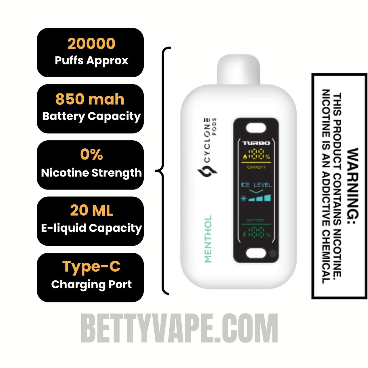 Menthol Cyclone Gust Pro 20K Zero Nicotine Disposable Vape Specifications