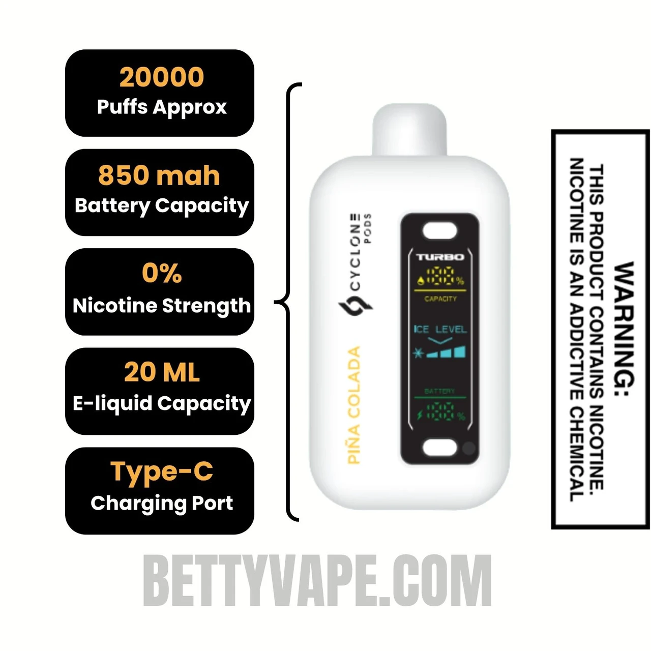 Pina Colada Cyclone Gust Pro 20K Zero Nicotine Disposable Vape Specifications