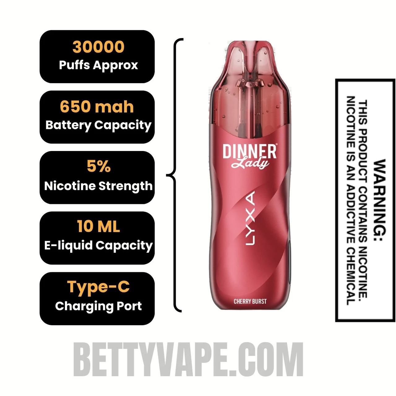 Cherry Burst Dinner Lady LYXA 30K Disposable Vape Specifications