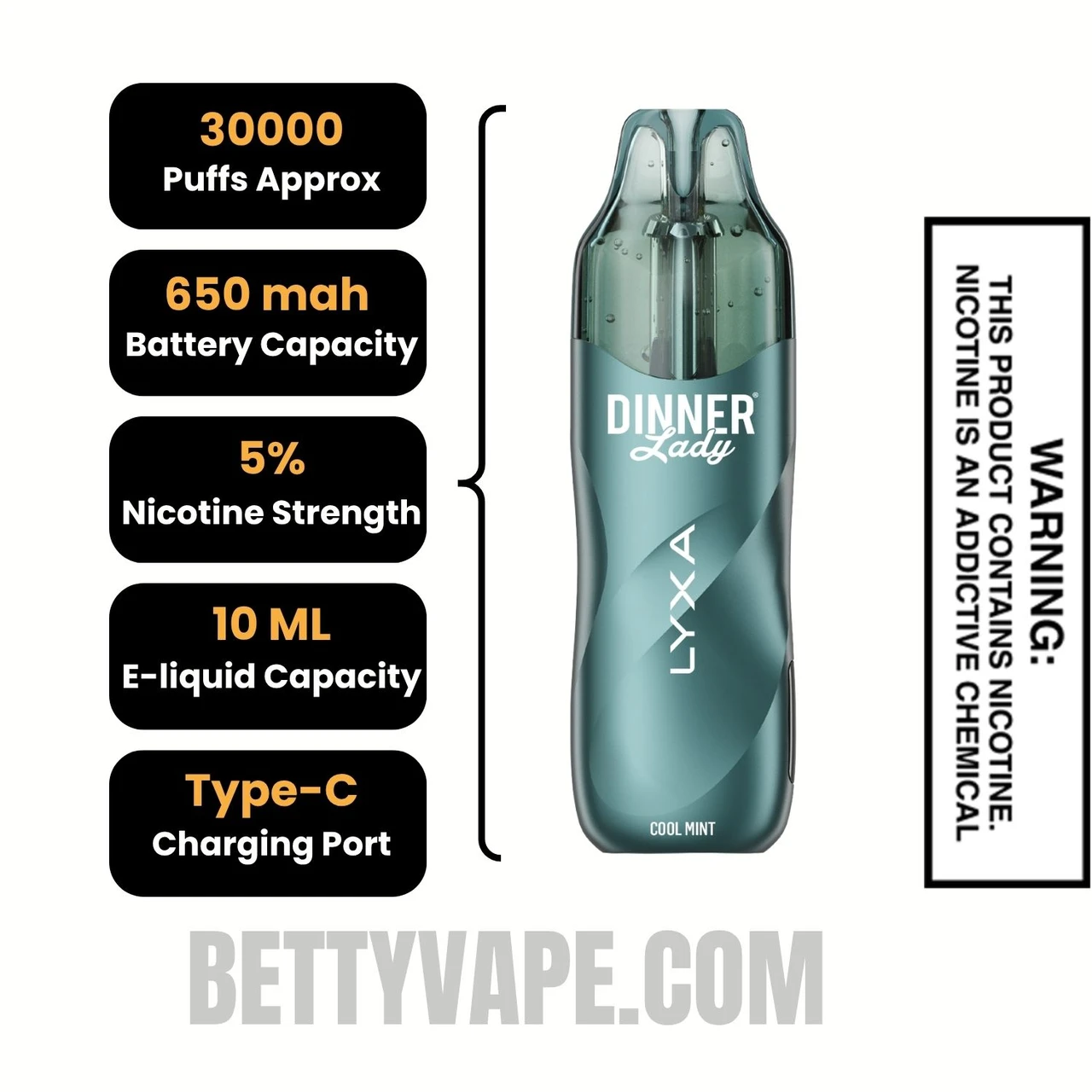 Cool Mint Dinner Lady LYXA 30K Disposable Vape Specifications