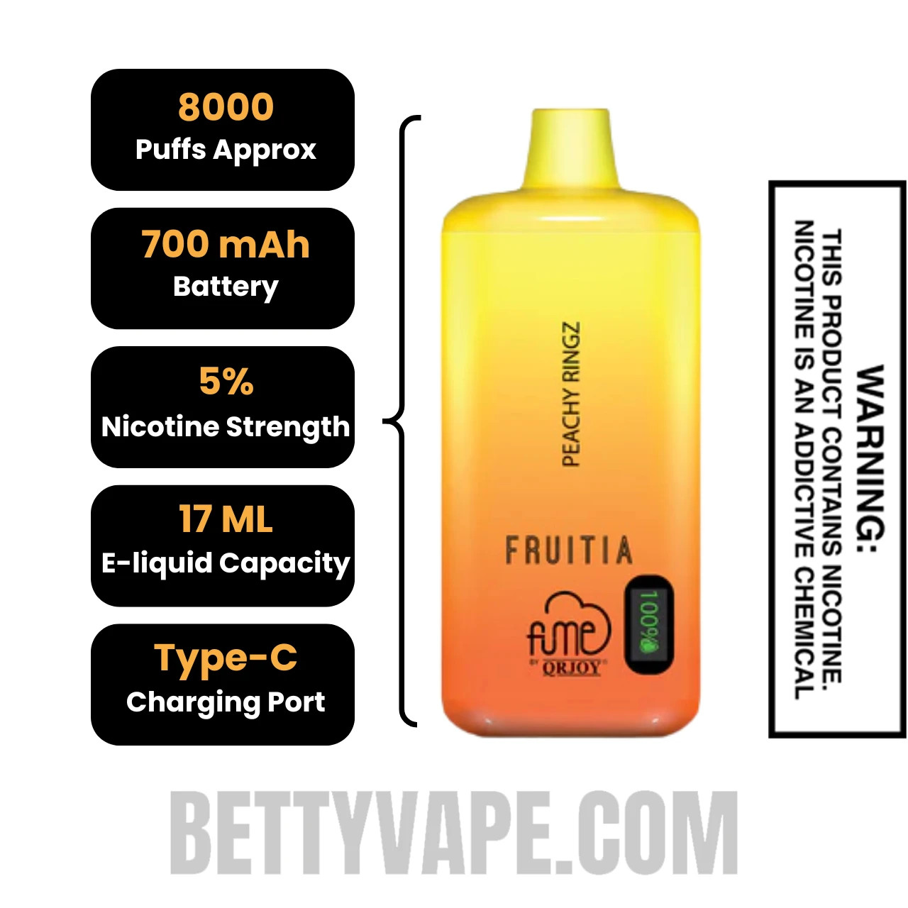 Peachy Ringz Fruitia X Fume Disposable Vape 8000 Puffs Specifications