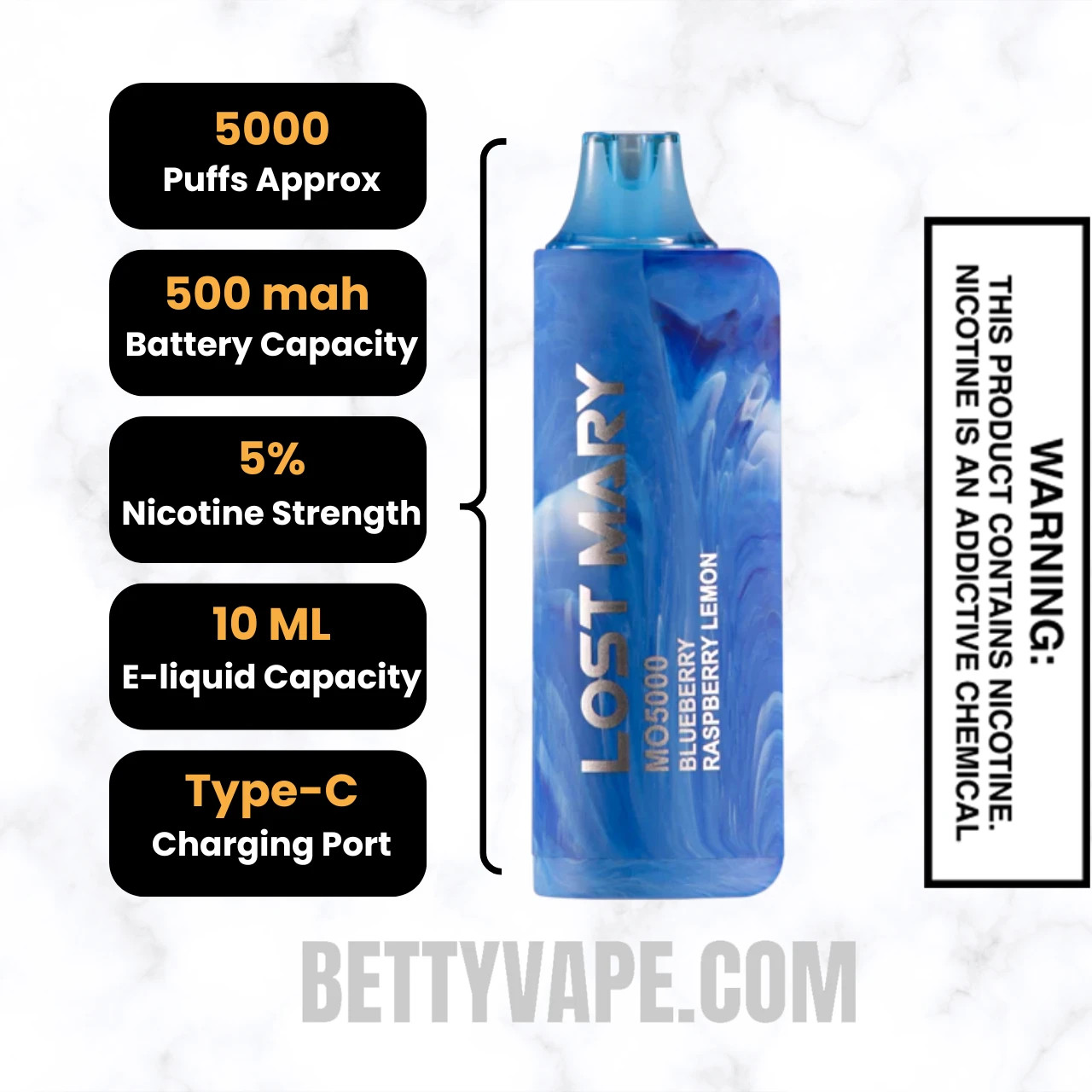 Blueberry Raspberry Lemon Lost Mary MO5000 Disposable Vape Specifications