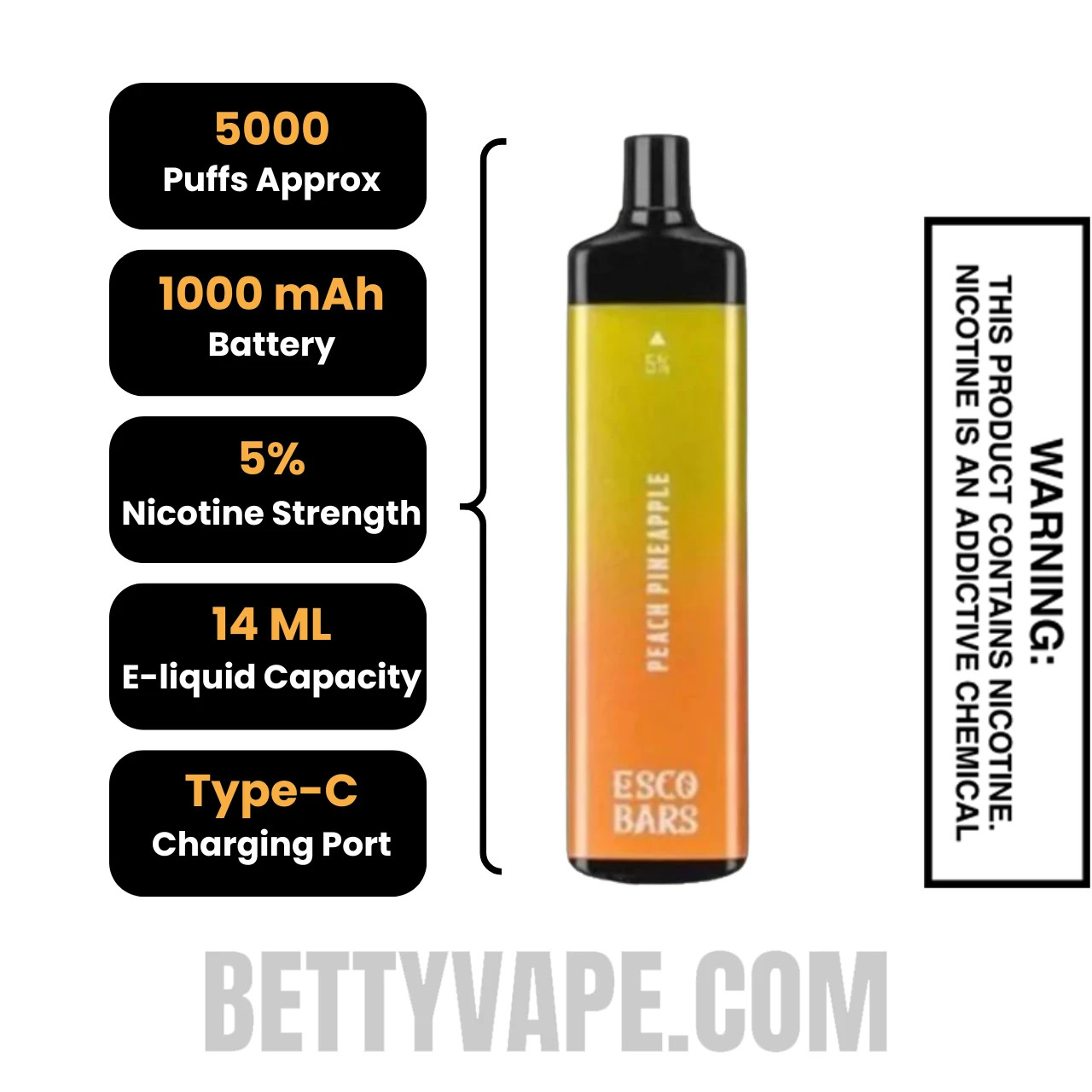 Peach Pineapple Esco Bar 5000 Puffs Disposable Vape Specifications