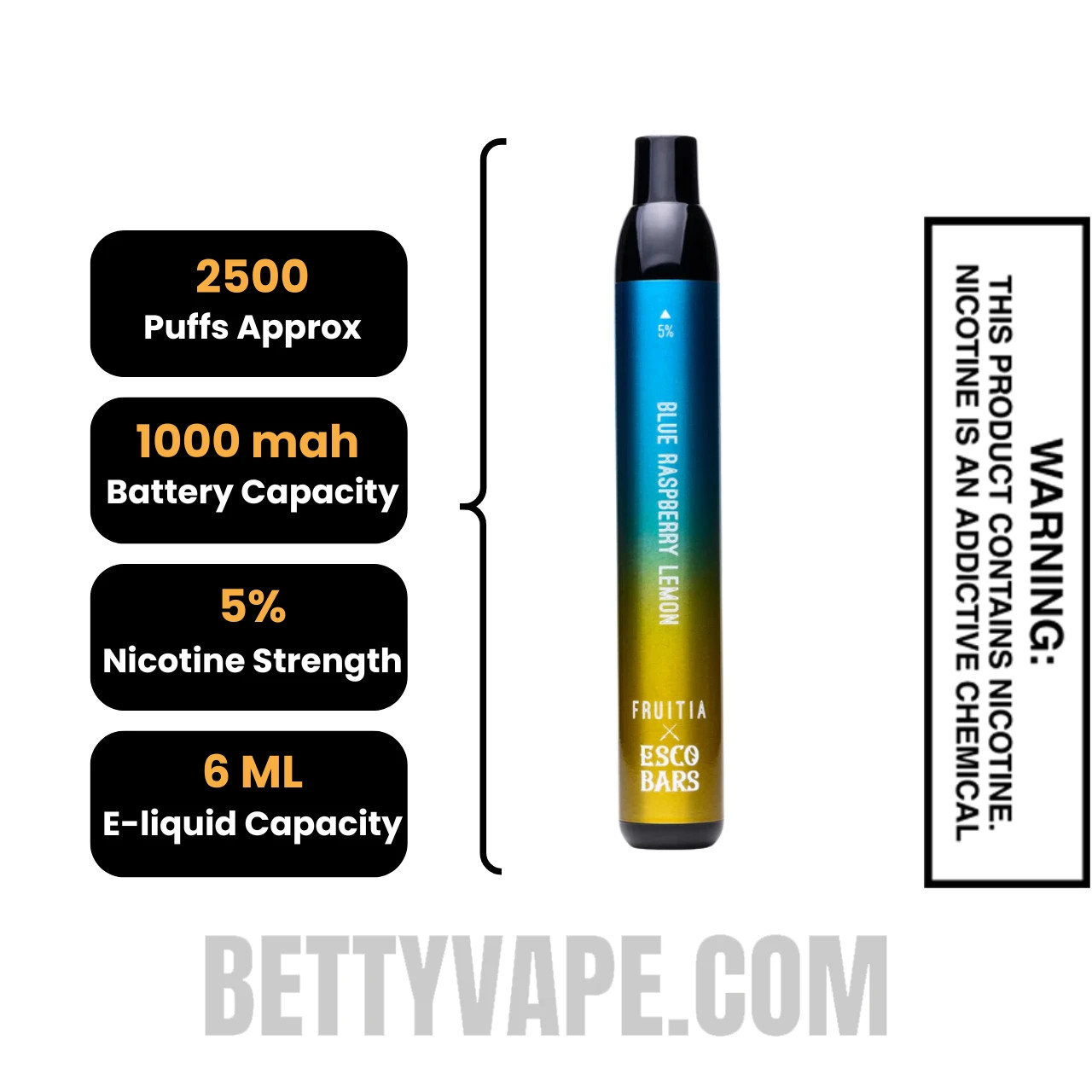 Blue Raspberry Lemon Esco Bar 2500 Puffs Disposable Vape Specifications
