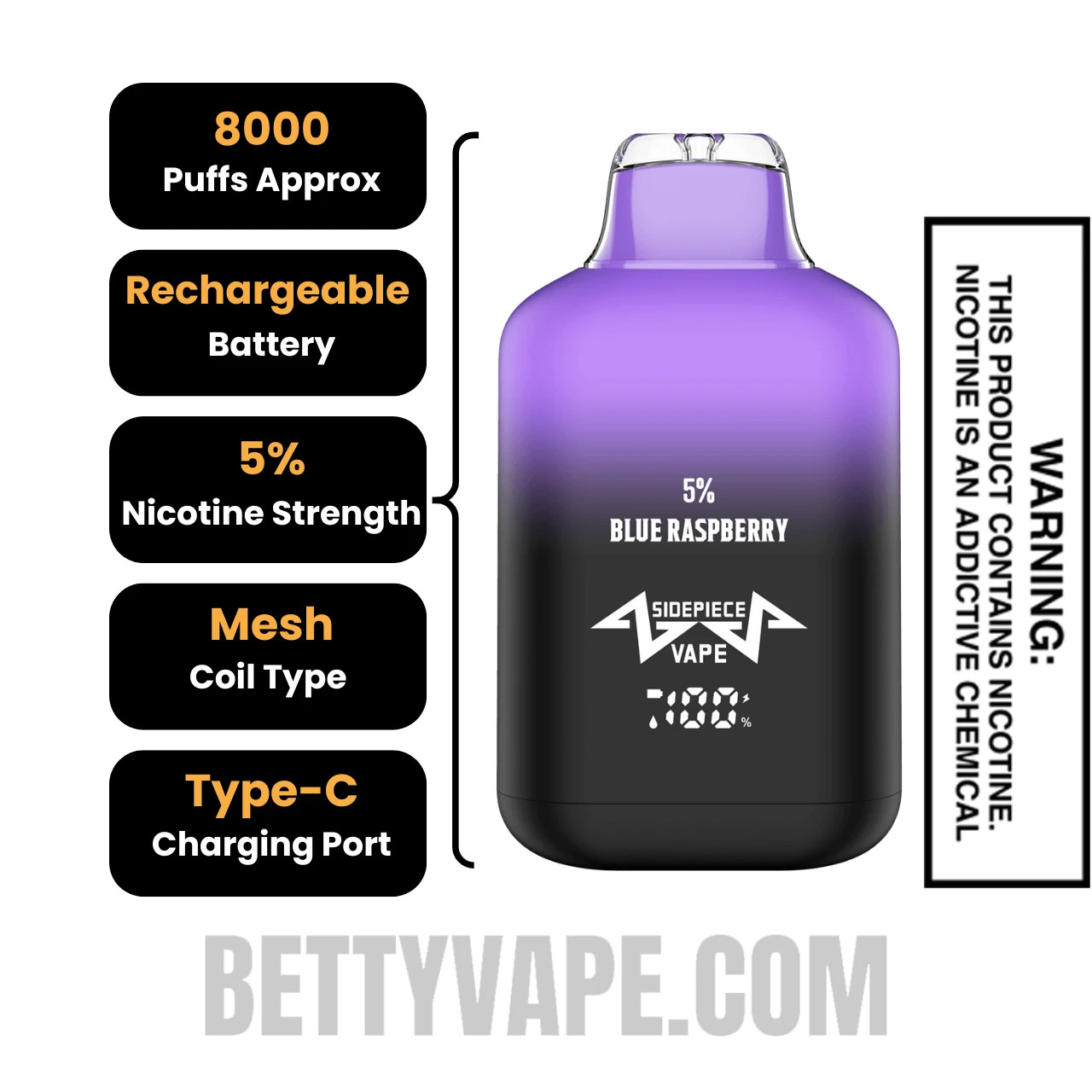Blue Raspberry Sidepiece SP8000 Disposable Vape Specifications