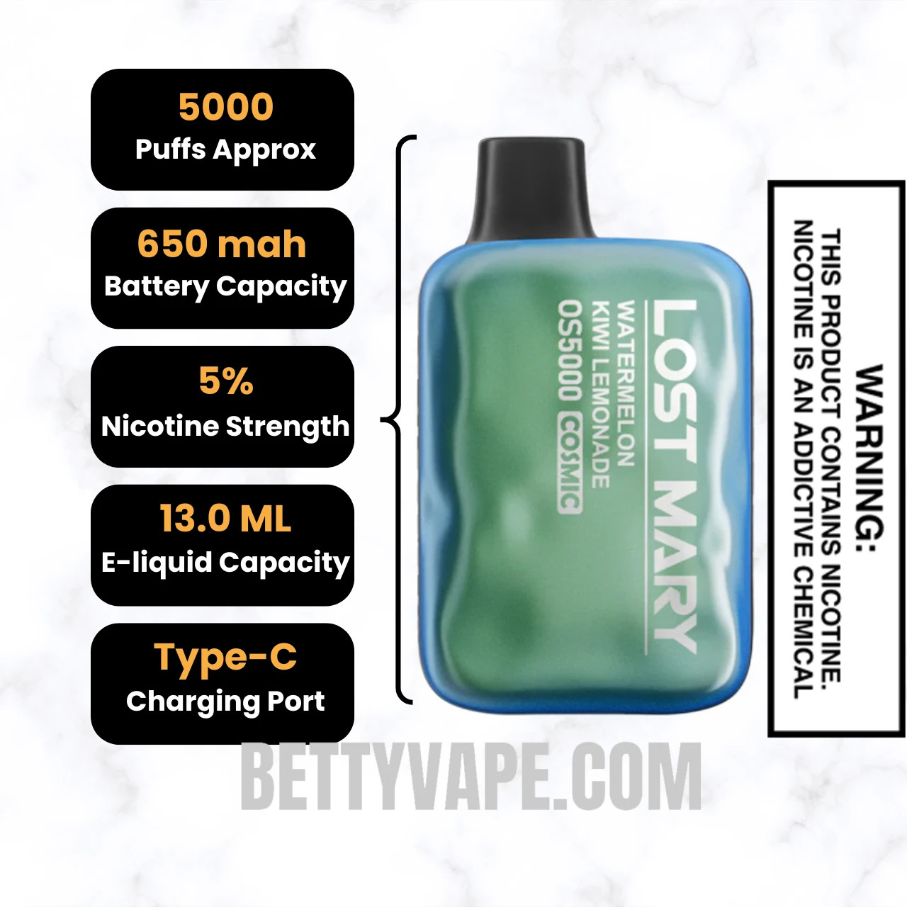 Watermelon Kiwi Lemonade Lost Mary OS5000 Cosmic Edition Vape Specifications