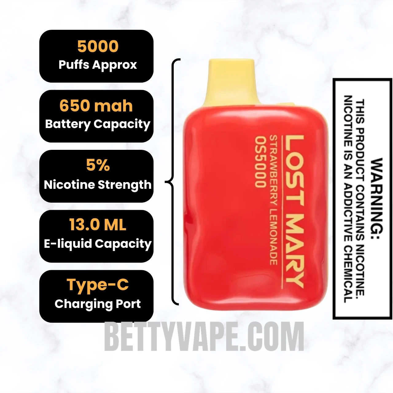 Strawberry Lemonade Lost Mary OS5000 Disposable Vape Specifications