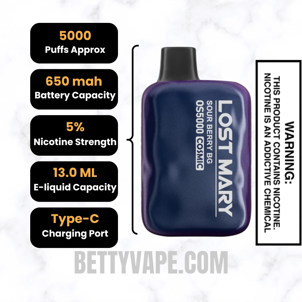 Sour Berry BG Lost Mary OS5000 Cosmic Edition Vape Specifications