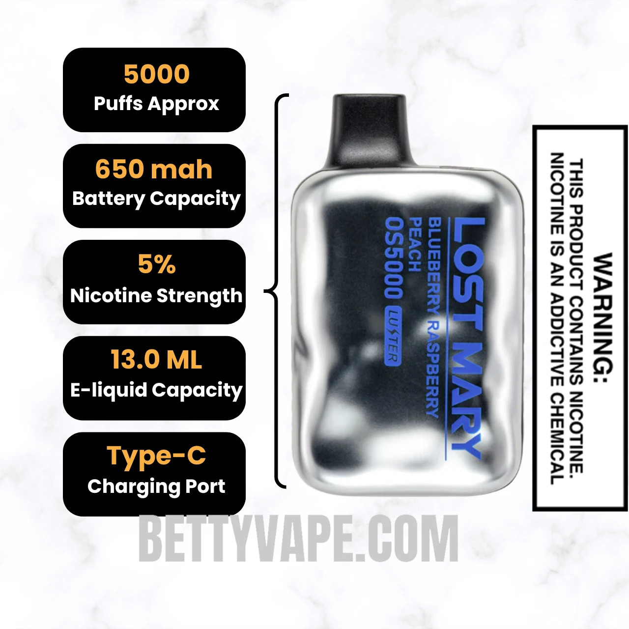 Blueberry Raspberry Peach Lost Mary OS5000 Luster Edition Vape Specifications
