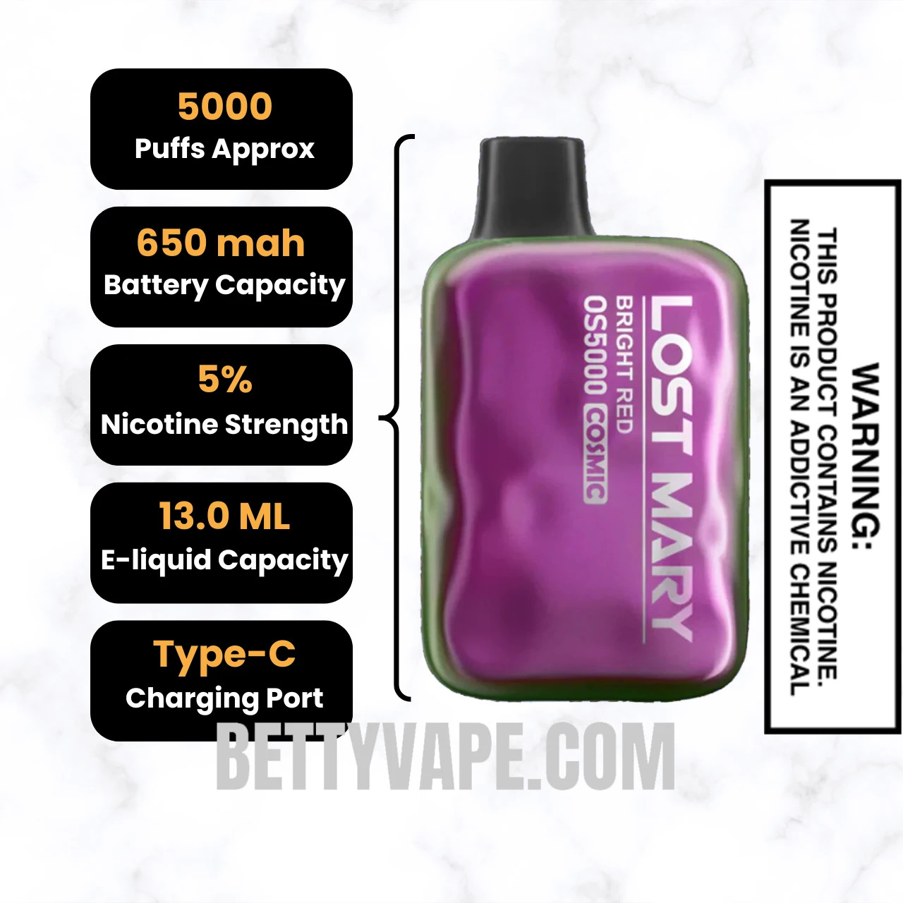 Bright Red Lost Mary OS5000 Cosmic Edition Vape Specifications